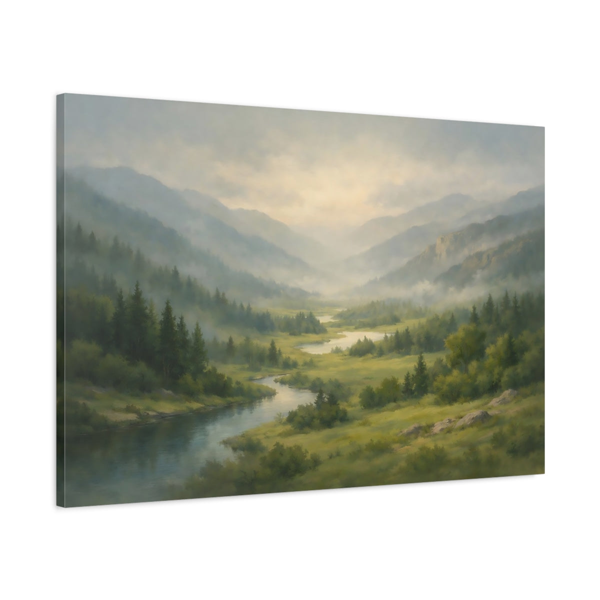 Side Mockup 1. Nature Mountain Valley Misty Mountain Valley shown as stretched canvas wall art