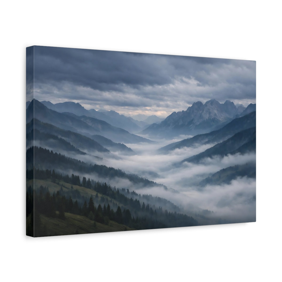 Side Mockup 4. Nature Mountain Valley Misty Mountains shown as stretched canvas wall art