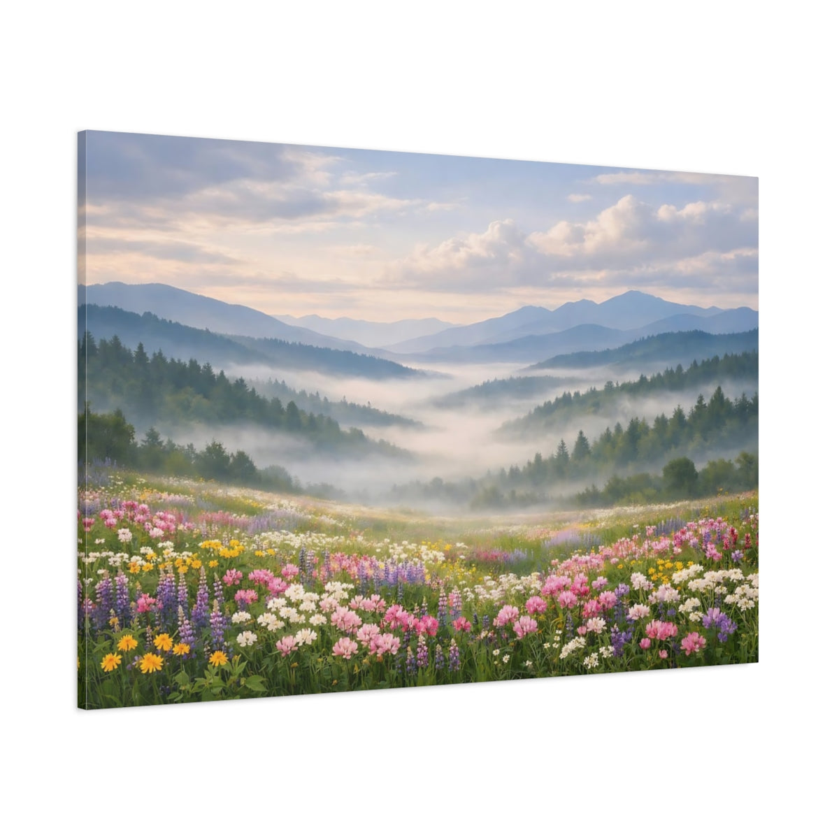 Side Mockup 1. Nature Mountain Valley Misty Mountain Valley shown as stretched canvas wall art