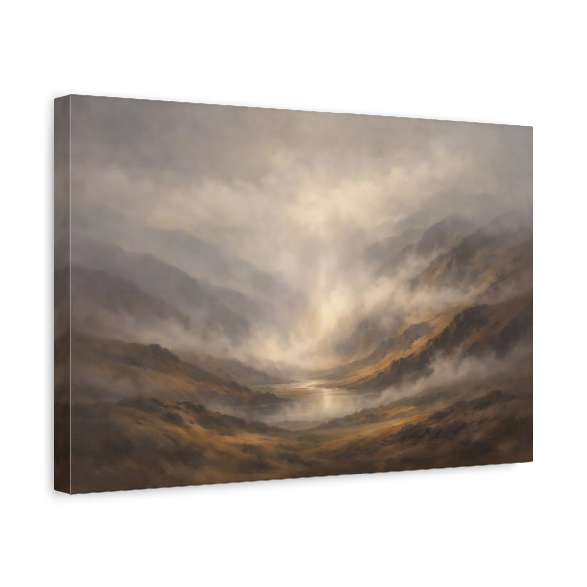 Side Mockup 4. Nature Mountain Valley Misty Mountain Lake shown as stretched canvas wall art