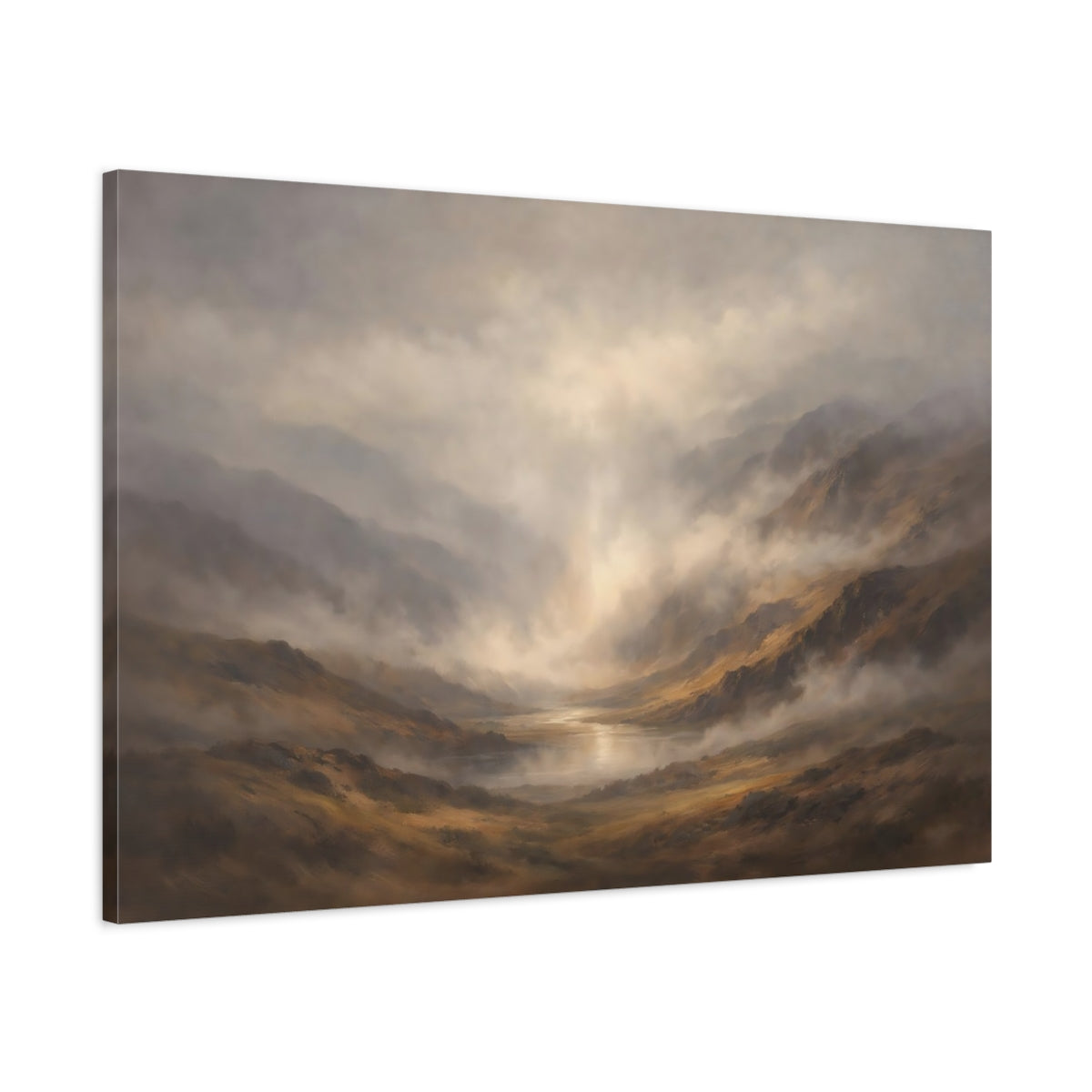 Side Mockup 1. Nature Mountain Valley Misty Mountain Lake shown as stretched canvas wall art