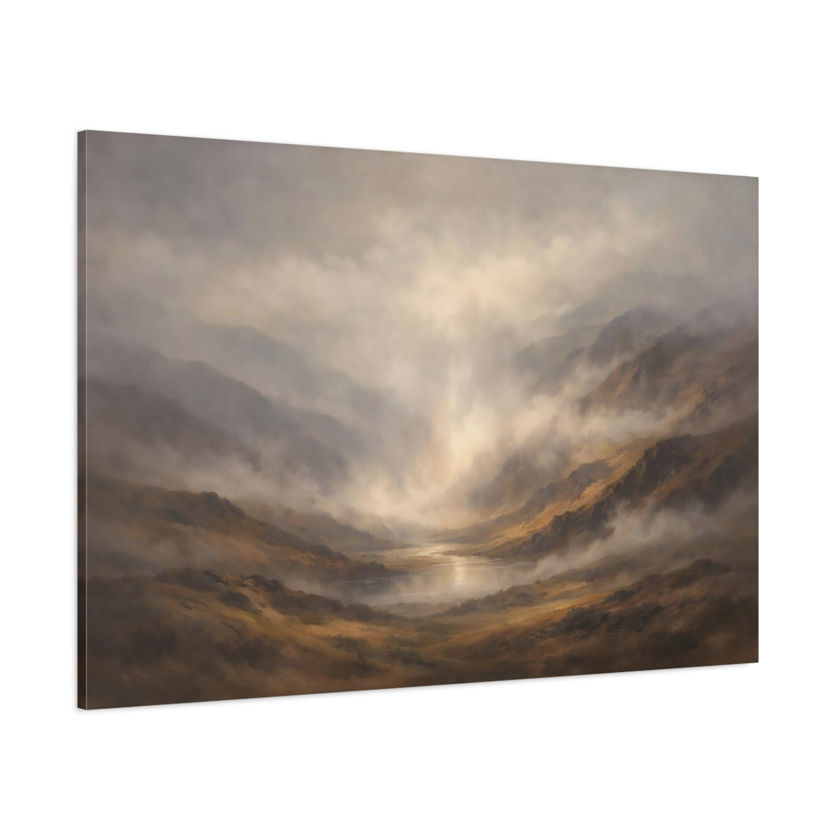 Main Mockup. Nature Mountain Valley Misty Mountain Lake shown as stretched canvas wall art