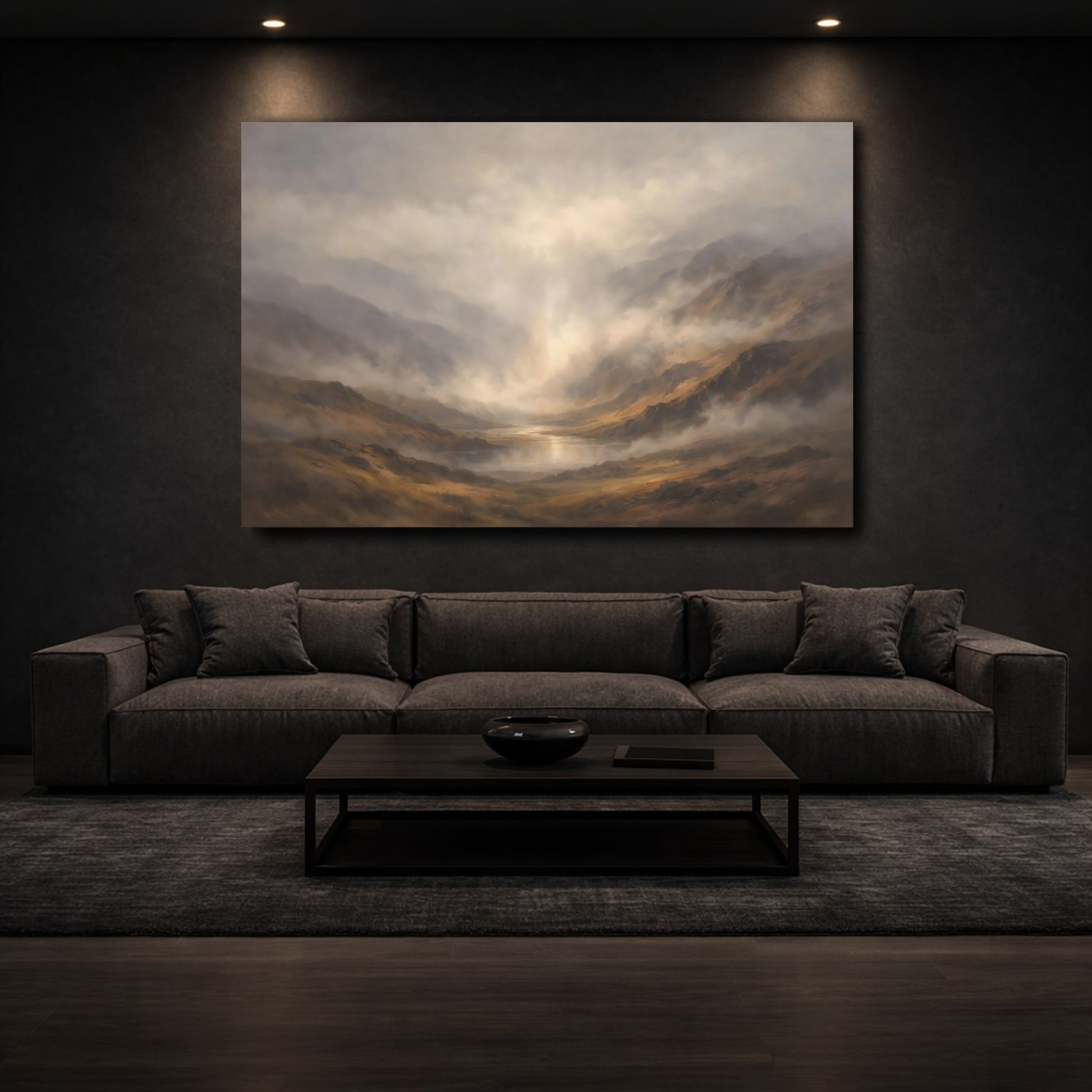 Mockup 2. Nature Mountain Valley Misty Mountain Lake shown as stretched canvas wall art