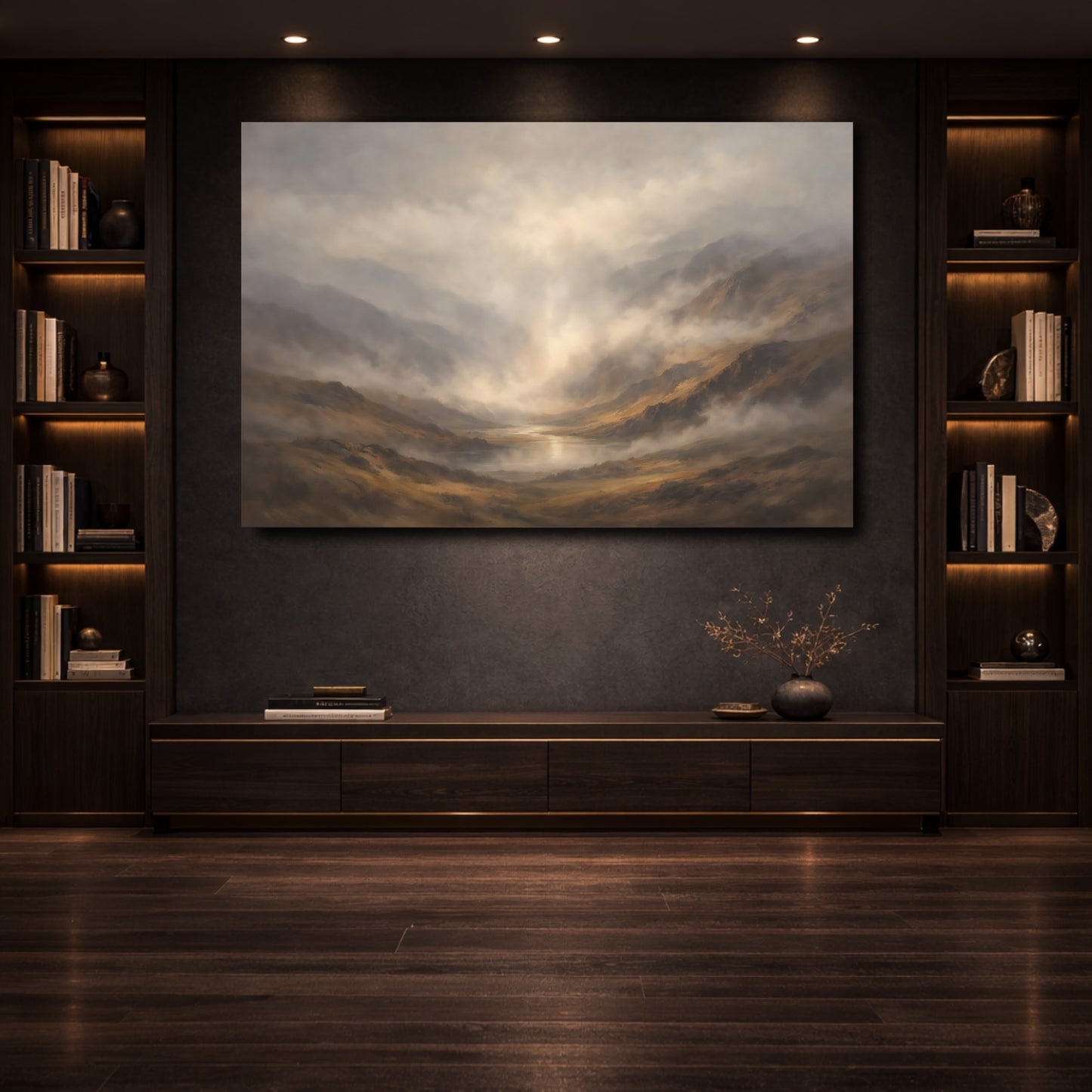 Mockup 3. Nature Mountain Valley Misty Mountain Lake shown as stretched canvas wall art