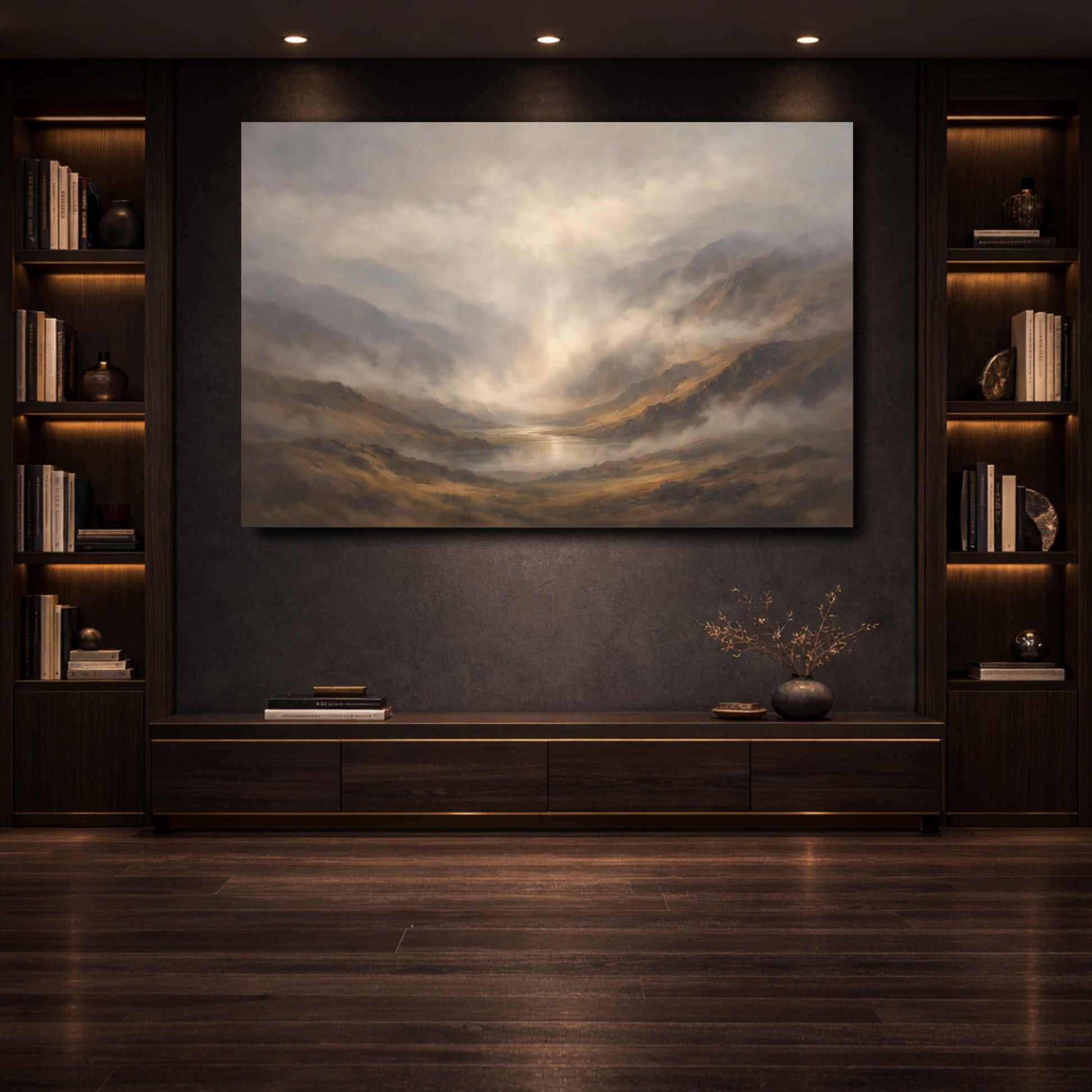 Mockup 3. Nature Mountain Valley Misty Mountain Lake shown as stretched canvas wall art