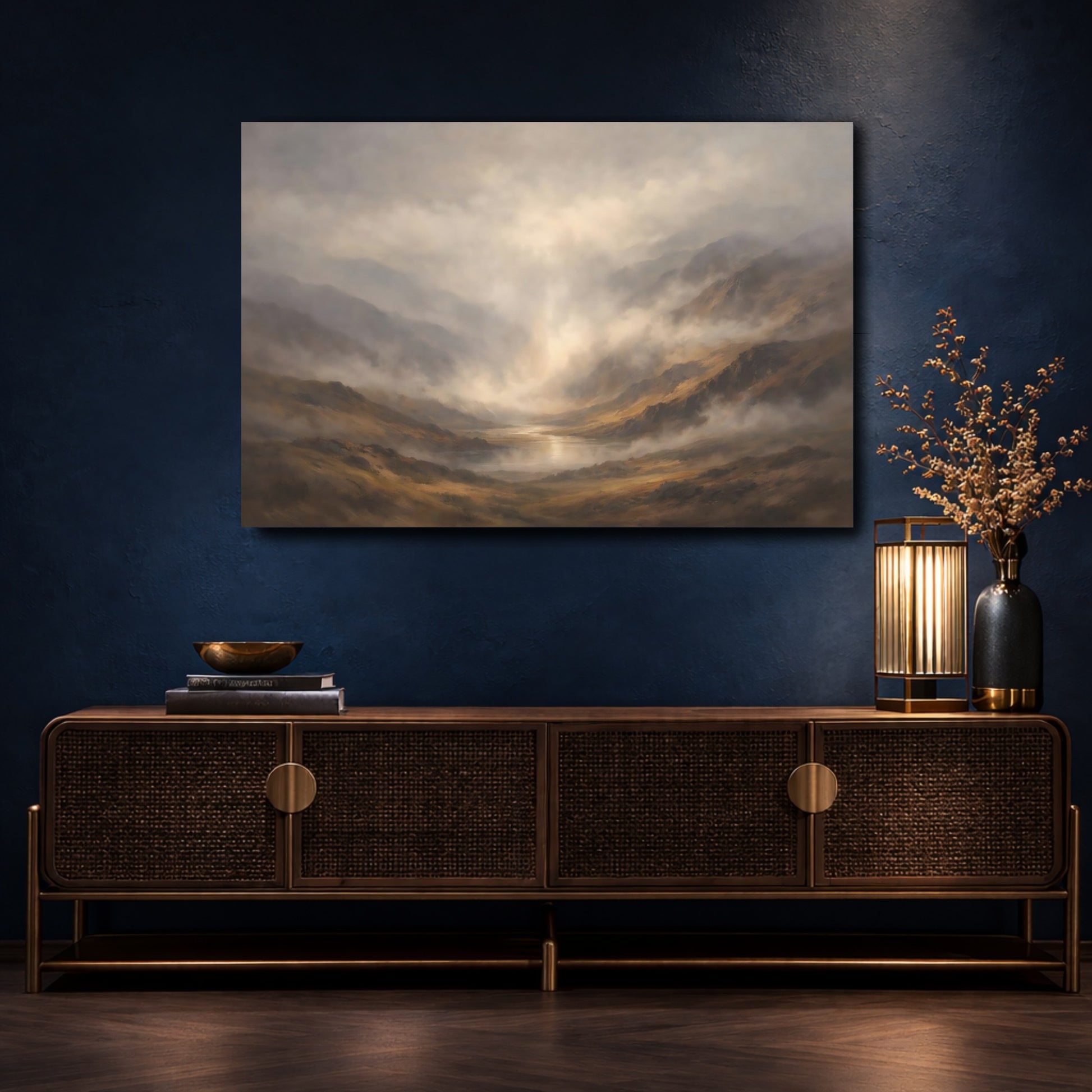 Mockup 4. Nature Mountain Valley Misty Mountain Lake shown as stretched canvas wall art