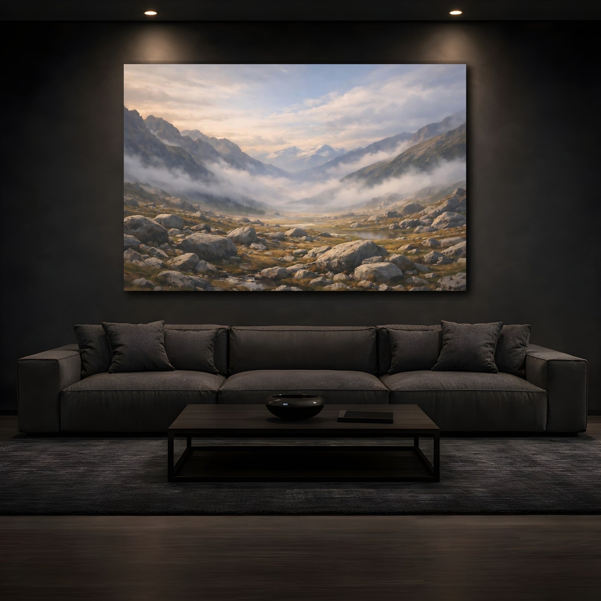 Mockup 2. Nature Mountain Valley Misty Mountain shown as stretched canvas wall art