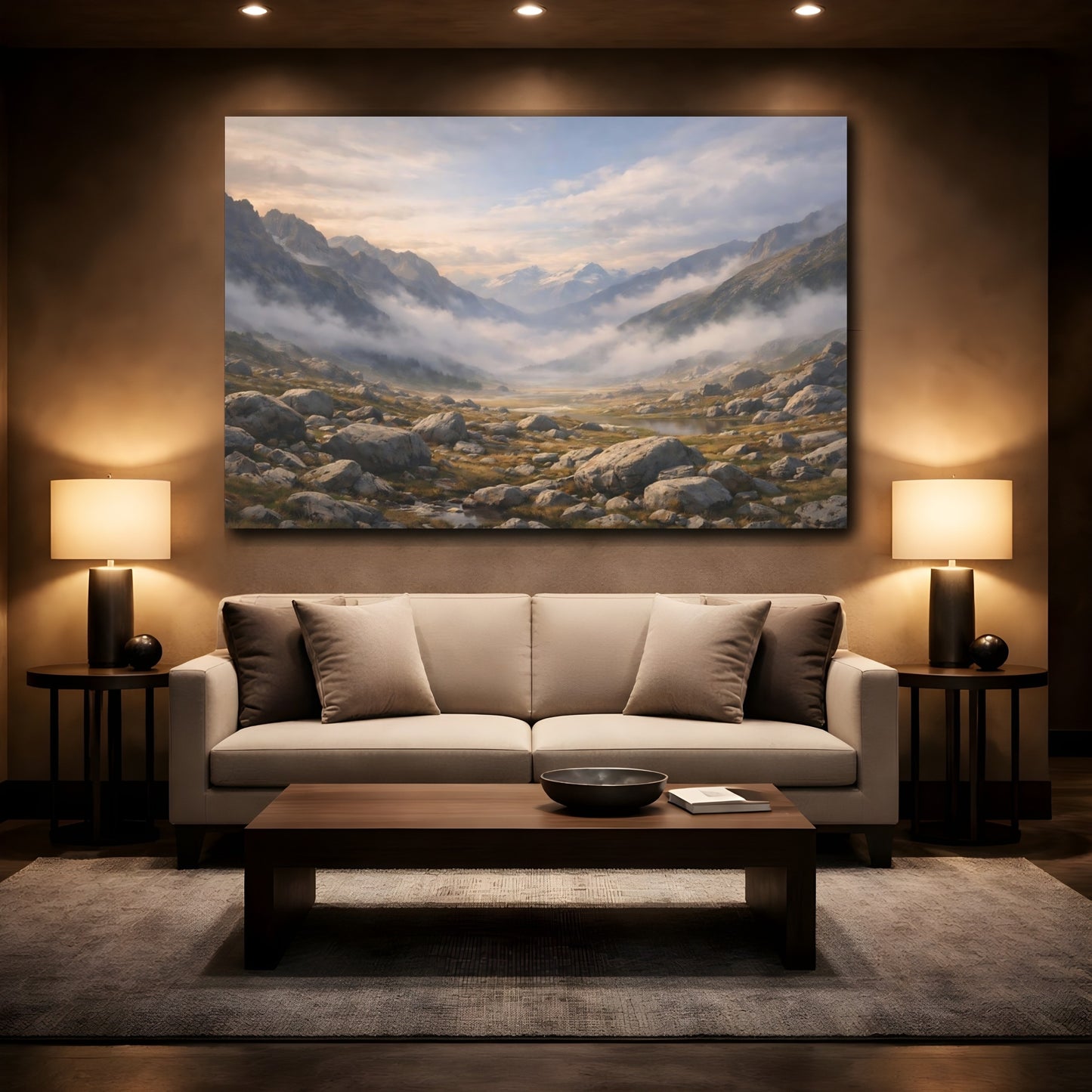 Mockup 3. Nature Mountain Valley Misty Mountain shown as stretched canvas wall art