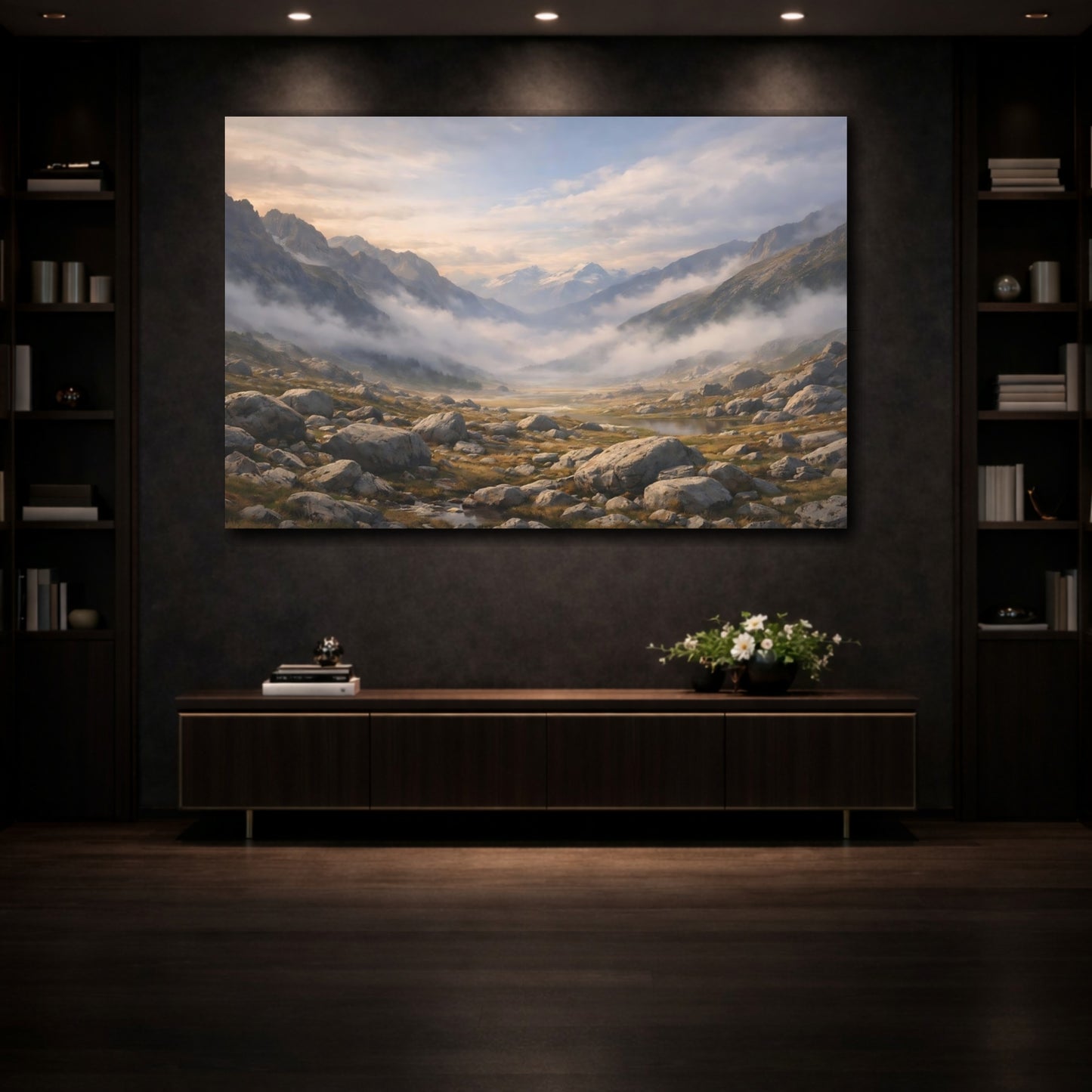 Mockup 4. Nature Mountain Valley Misty Mountain shown as stretched canvas wall art