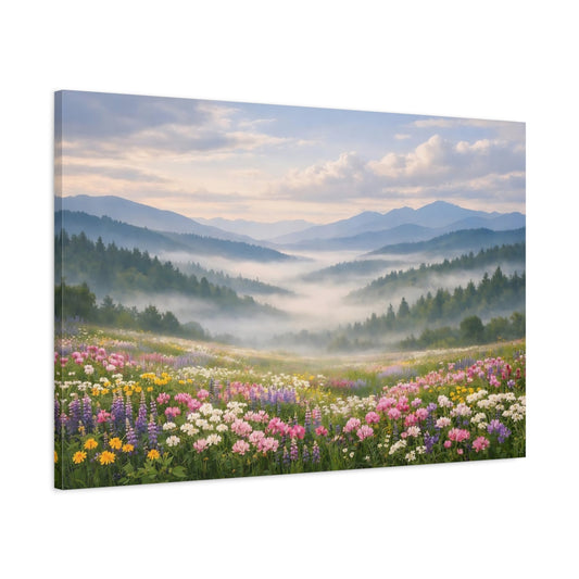 Main Mockup. Nature Mountain Valley Misty Mountain Valley shown as stretched canvas wall art