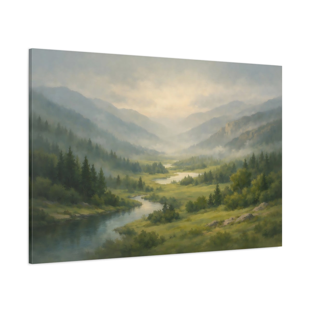 Main Mockup. Nature Mountain Valley Misty Mountain Valley shown as stretched canvas wall art