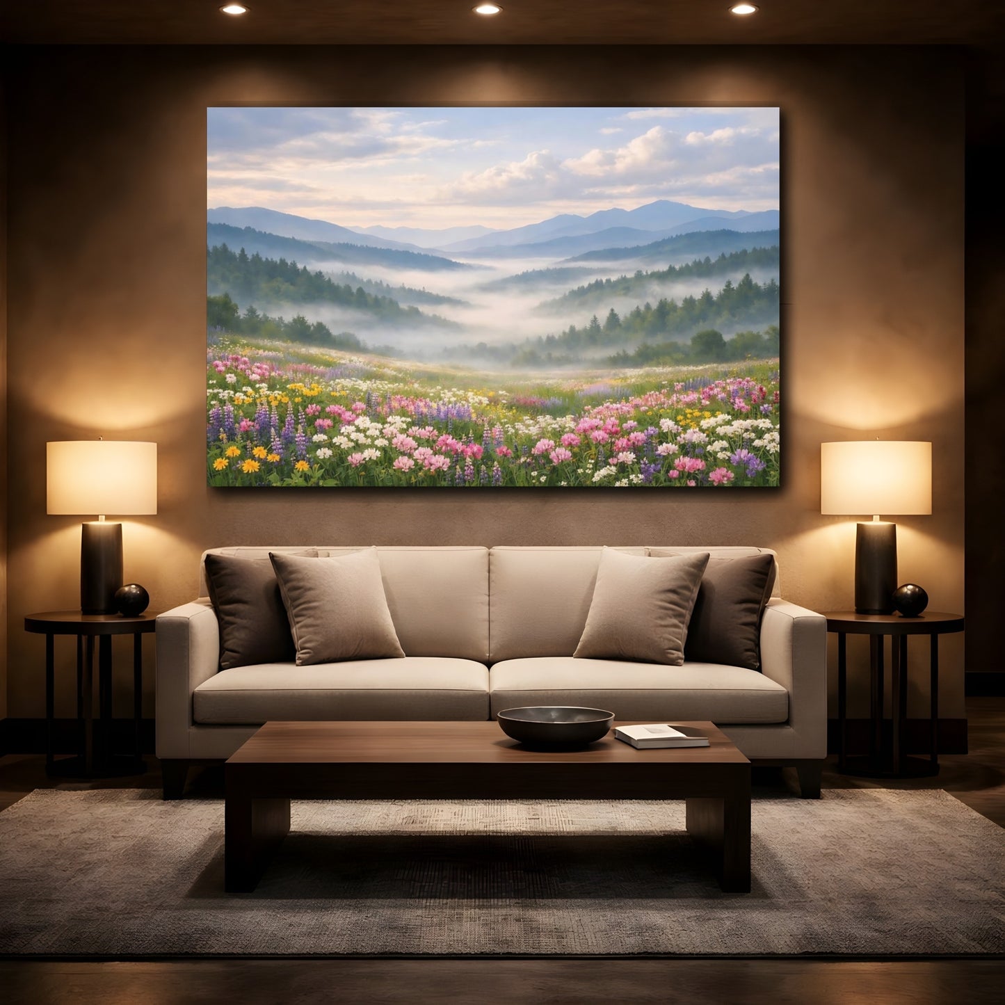 Mockup 2. Nature Mountain Valley Misty Mountain Valley shown as stretched canvas wall art