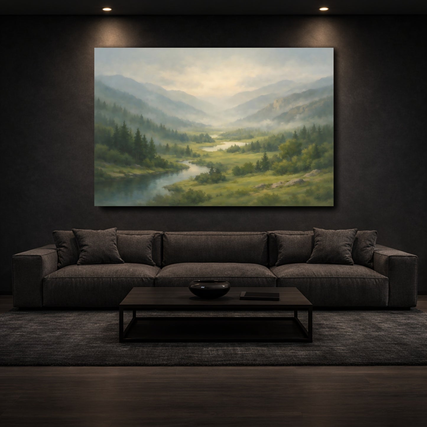 Mockup 2. Nature Mountain Valley Misty Mountain Valley shown as stretched canvas wall art