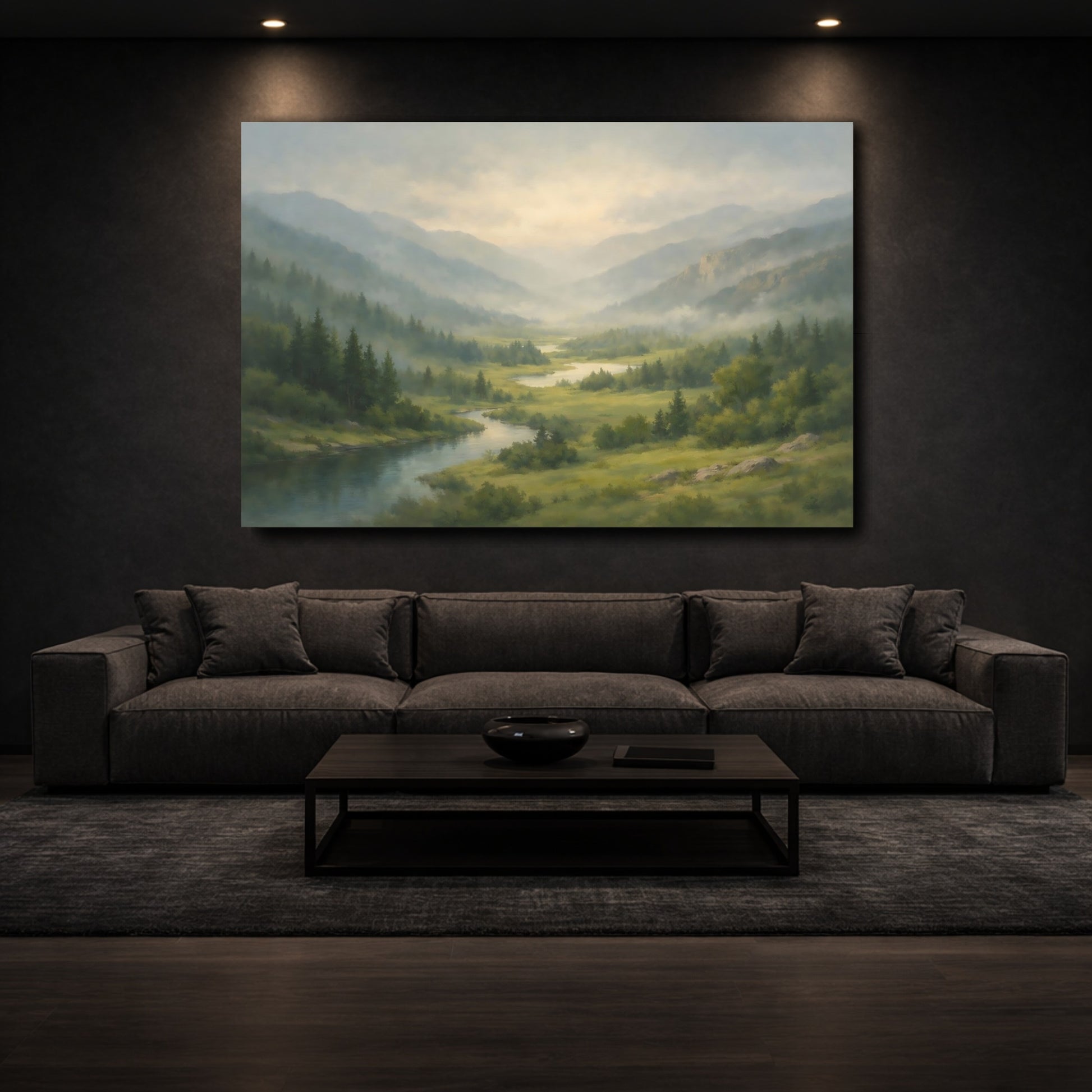 Mockup 2. Nature Mountain Valley Misty Mountain Valley shown as stretched canvas wall art