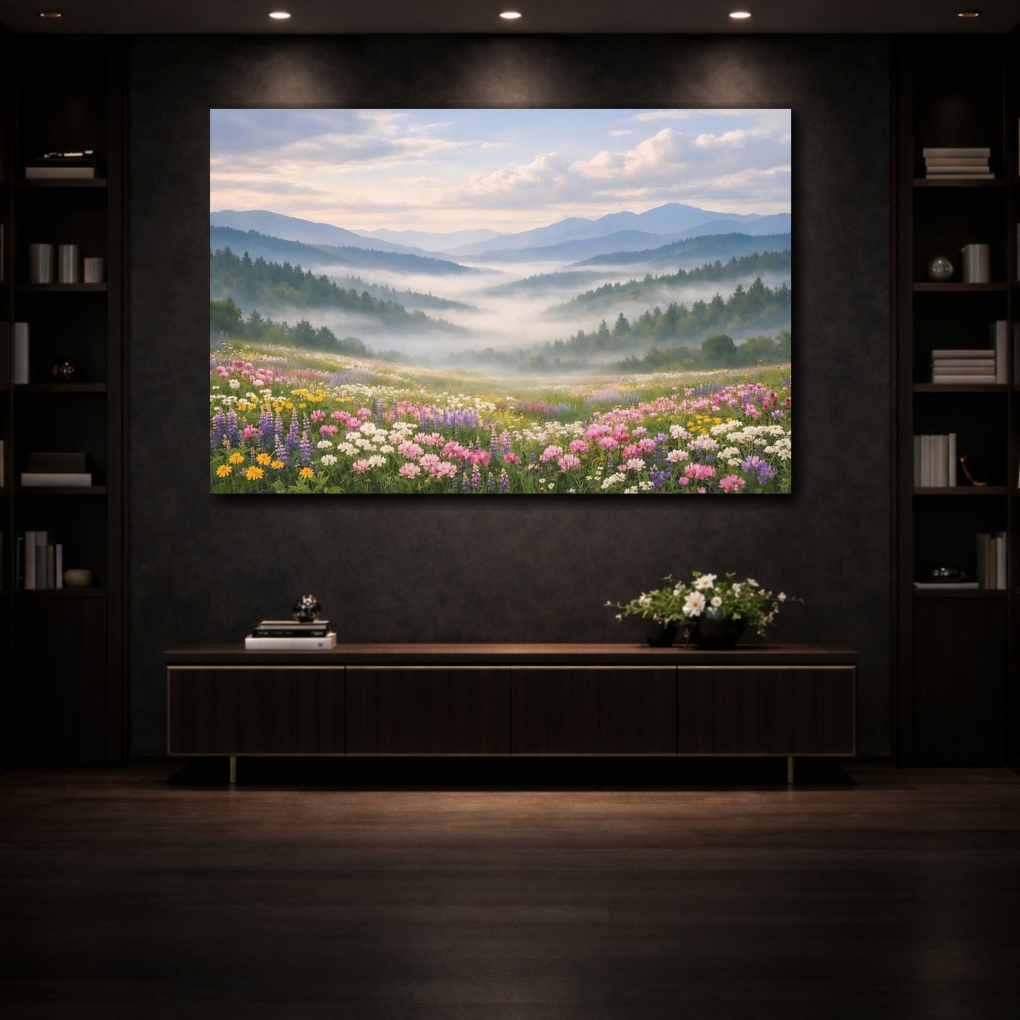 Mockup 3. Nature Mountain Valley Misty Mountain Valley shown as stretched canvas wall art
