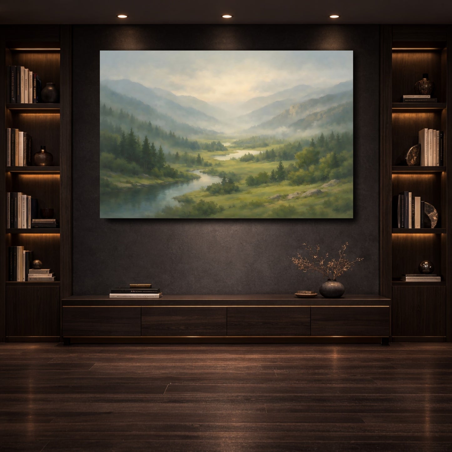 Mockup 3. Nature Mountain Valley Misty Mountain Valley shown as stretched canvas wall art
