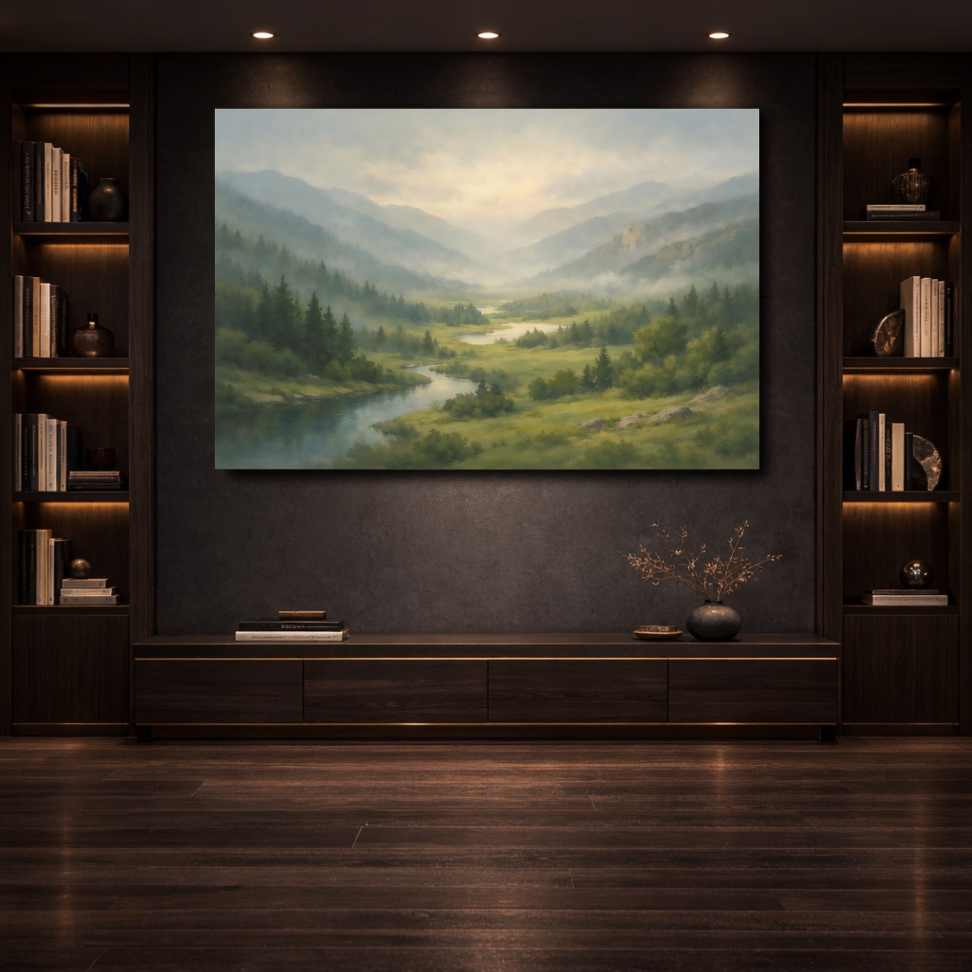 Mockup 3. Nature Mountain Valley Misty Mountain Valley shown as stretched canvas wall art