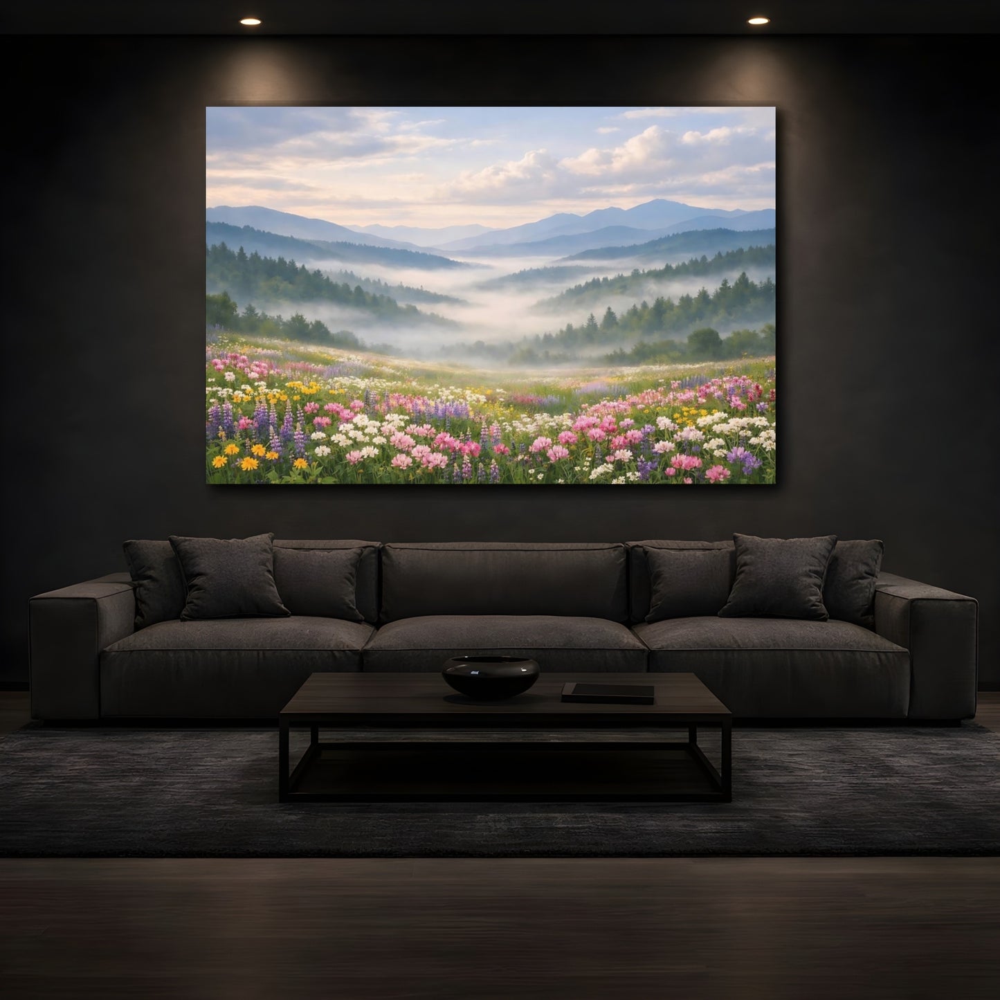 Mockup 4. Nature Mountain Valley Misty Mountain Valley shown as stretched canvas wall art