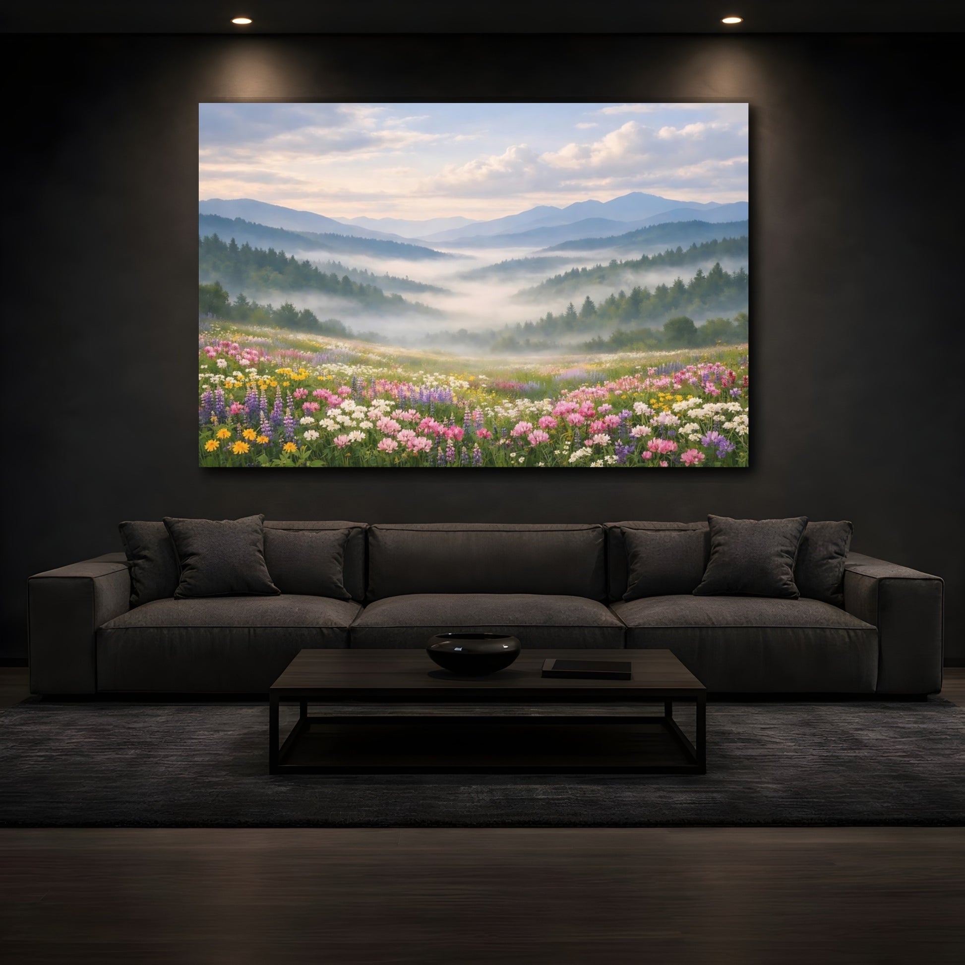 Mockup 4. Nature Mountain Valley Misty Mountain Valley shown as stretched canvas wall art