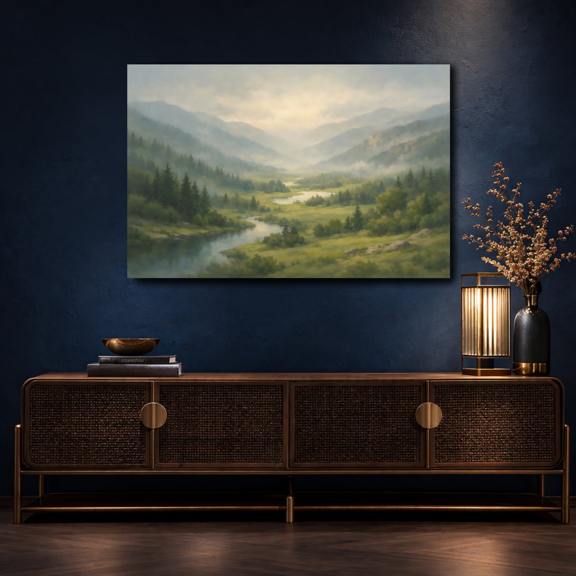 Mockup 4. Nature Mountain Valley Misty Mountain Valley shown as stretched canvas wall art