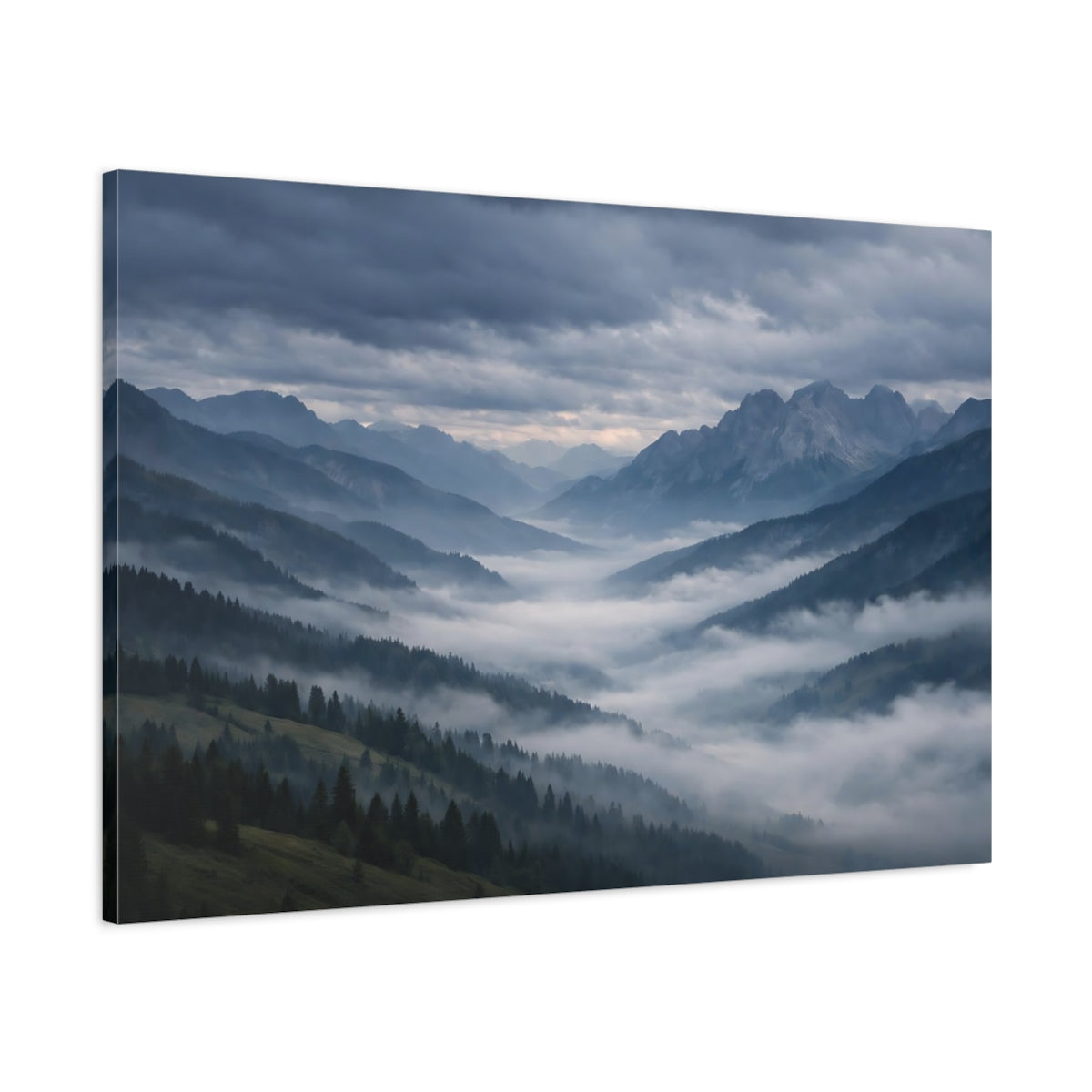 Main Mockup. Nature Mountain Valley Misty Mountains shown as stretched canvas wall art