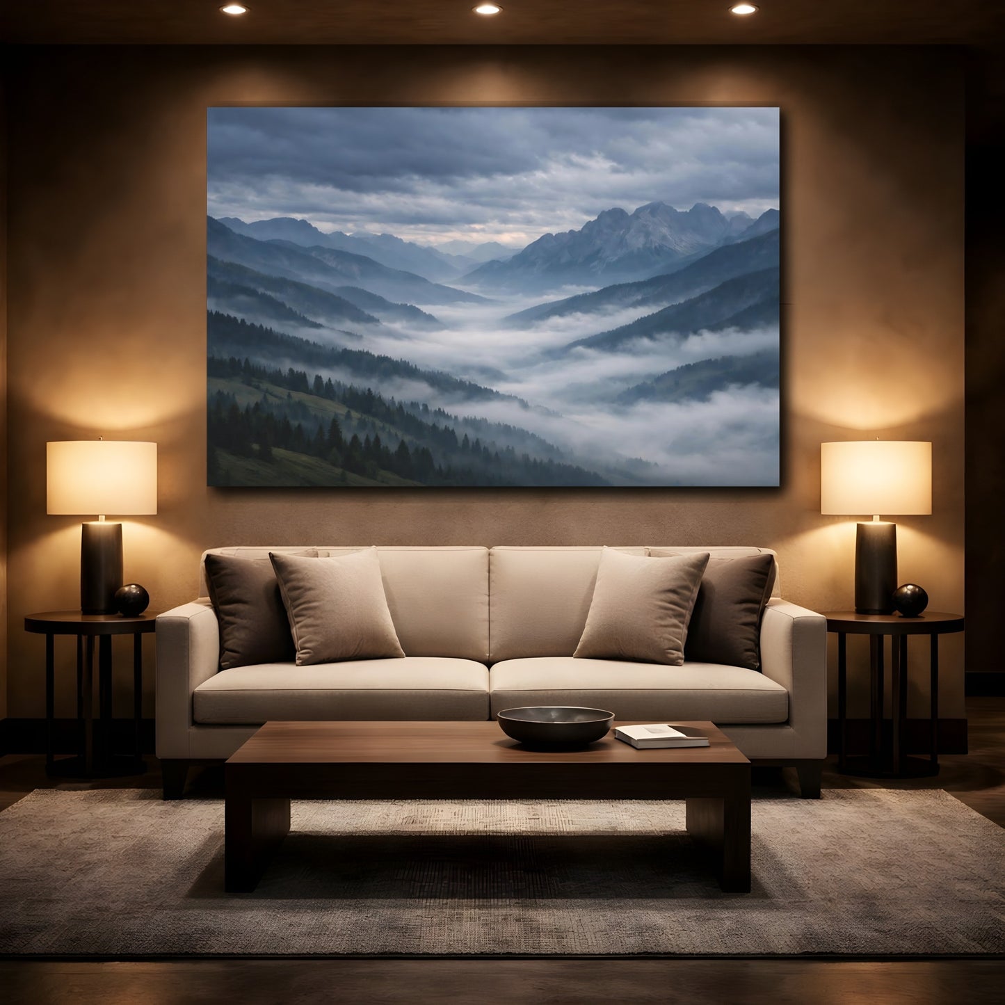 Mockup 2. Nature Mountain Valley Misty Mountains shown as stretched canvas wall art