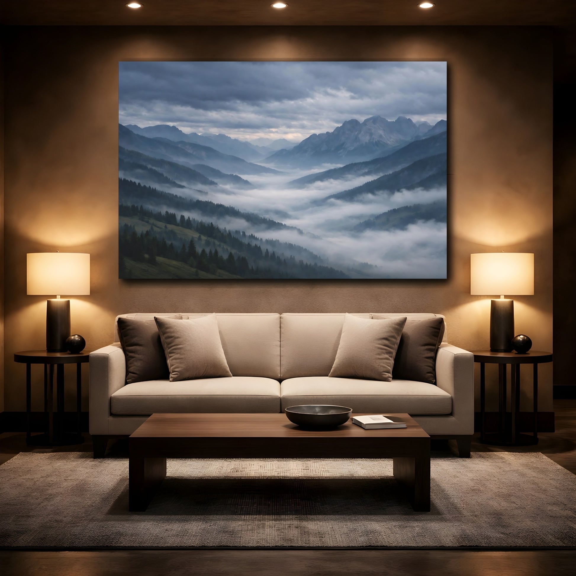 Mockup 2. Nature Mountain Valley Misty Mountains shown as stretched canvas wall art