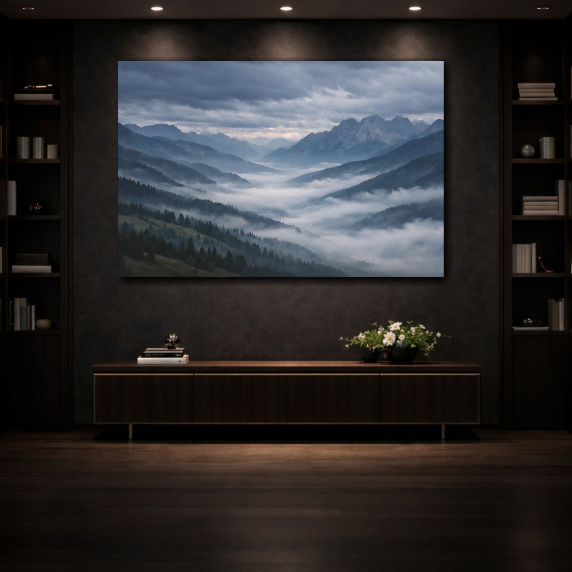 Mockup 3. Nature Mountain Valley Misty Mountains shown as stretched canvas wall art