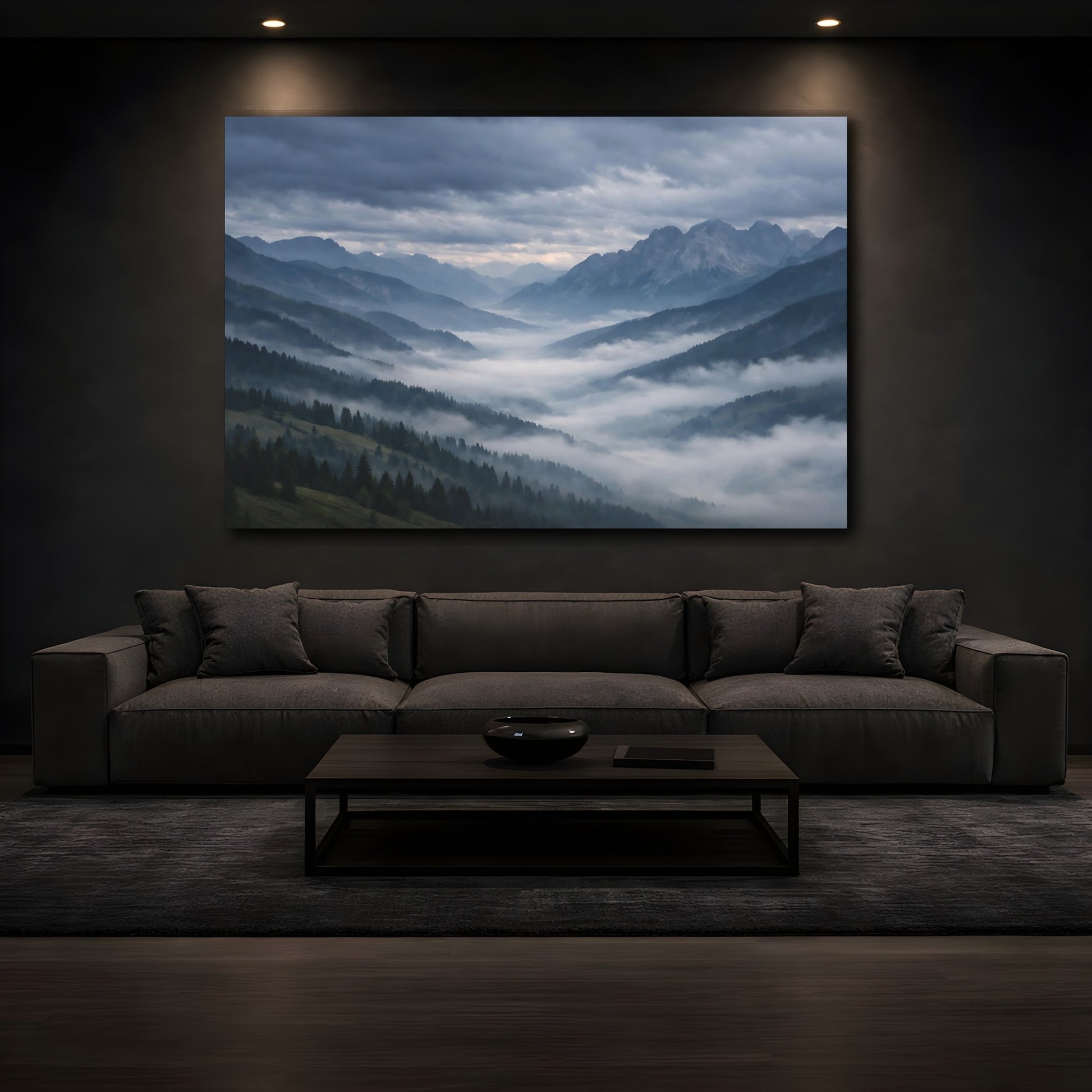 Mockup 4. Nature Mountain Valley Misty Mountains shown as stretched canvas wall art