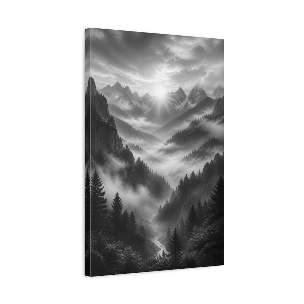 Side Mockup 3. Nature Mountain Valley Monochrome Mountain Valley shown as stretched canvas wall art