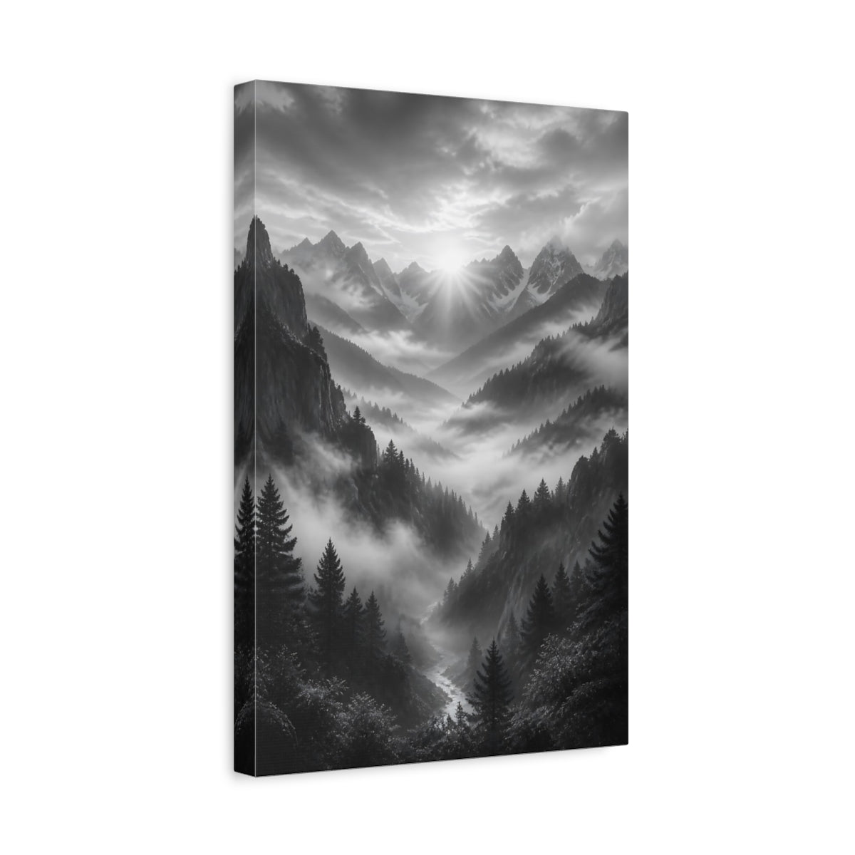 Side Mockup 4. Nature Mountain Valley Monochrome Mountain Valley shown as stretched canvas wall art