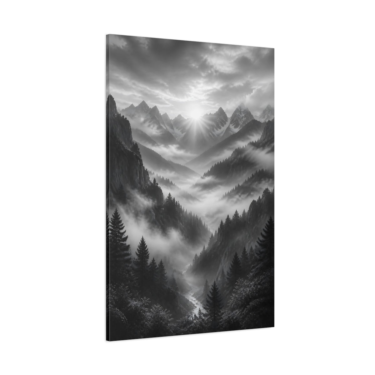 Side Mockup 1. Nature Mountain Valley Monochrome Mountain Valley shown as stretched canvas wall art