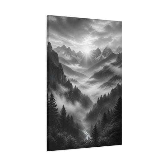 Main Mockup. Nature Mountain Valley Monochrome Mountain Valley shown as stretched canvas wall art