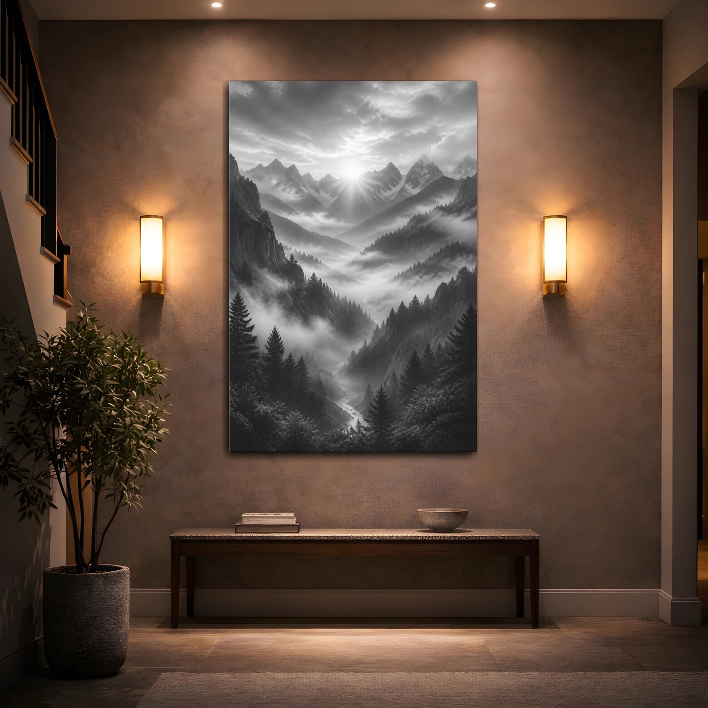 Mockup 2. Nature Mountain Valley Monochrome Mountain Valley shown as stretched canvas wall art