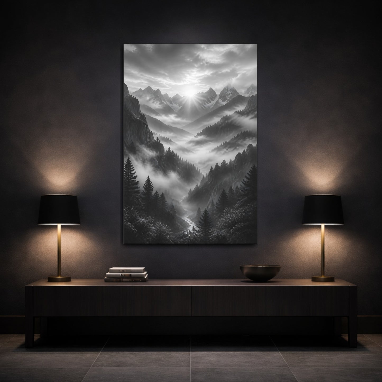 Mockup 3. Nature Mountain Valley Monochrome Mountain Valley shown as stretched canvas wall art
