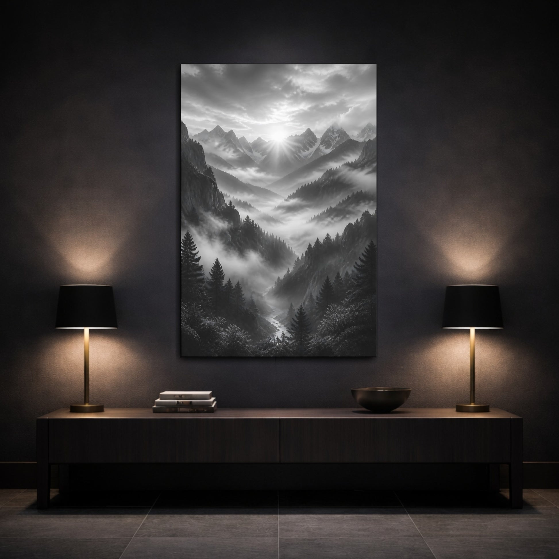 Mockup 3. Nature Mountain Valley Monochrome Mountain Valley shown as stretched canvas wall art