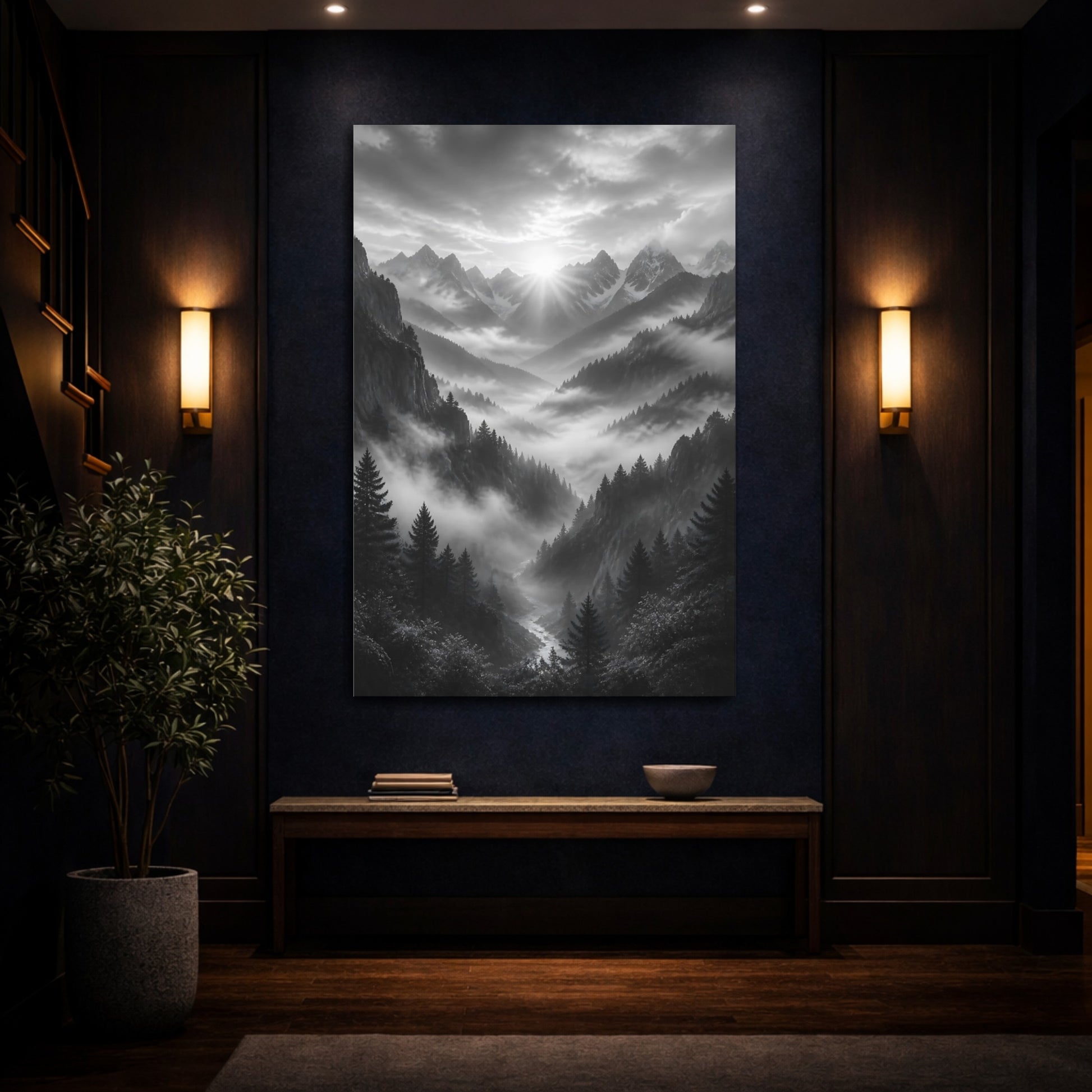 Mockup 4. Nature Mountain Valley Monochrome Mountain Valley shown as stretched canvas wall art