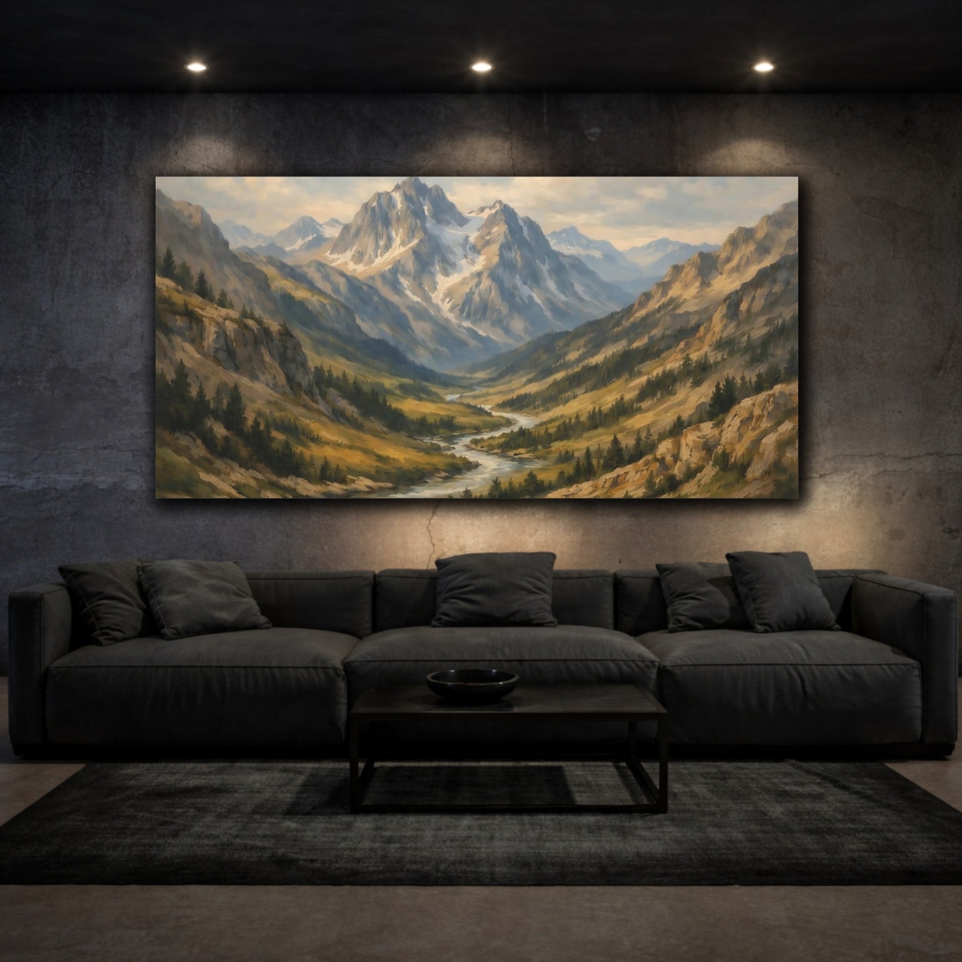 Mockup 2. Nature Mountain Valley Mountain River Landscape shown as stretched canvas wall art