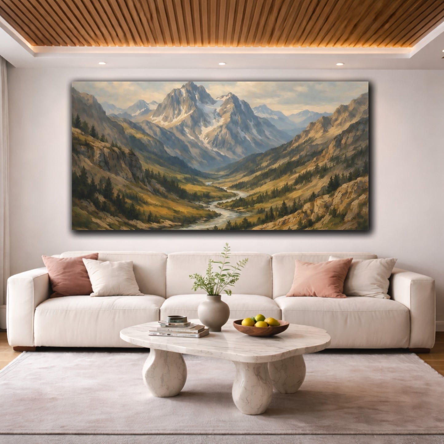 Mockup 3. Nature Mountain Valley Mountain River Landscape shown as stretched canvas wall art