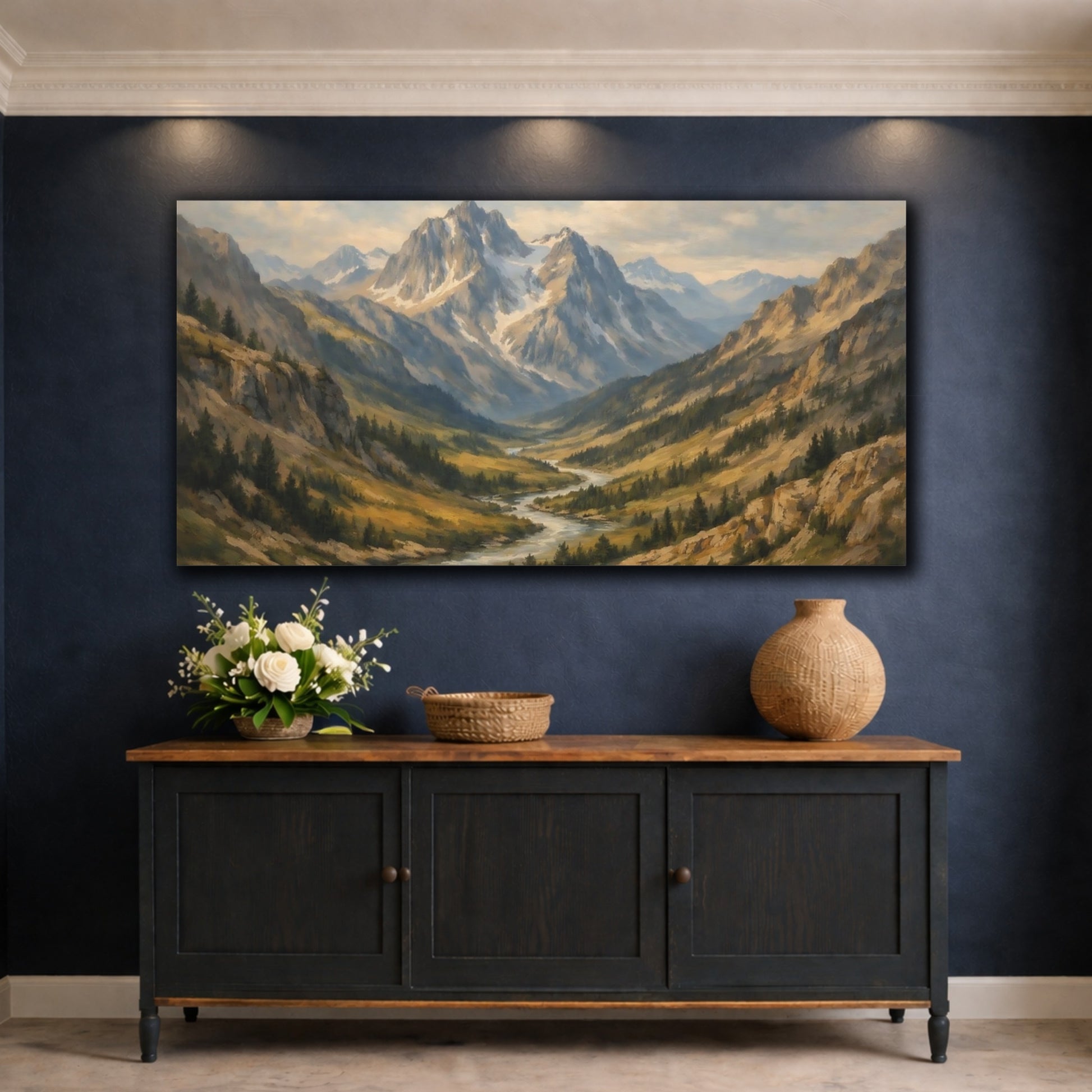 Mockup 4. Nature Mountain Valley Mountain River Landscape shown as stretched canvas wall art