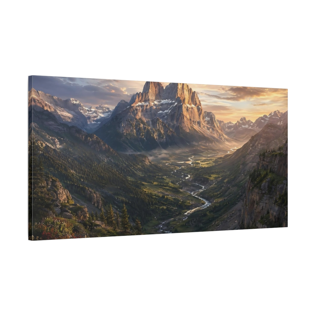 Main Mockup. Nature Mountain Valley Mountain River Sunset shown as stretched canvas wall art