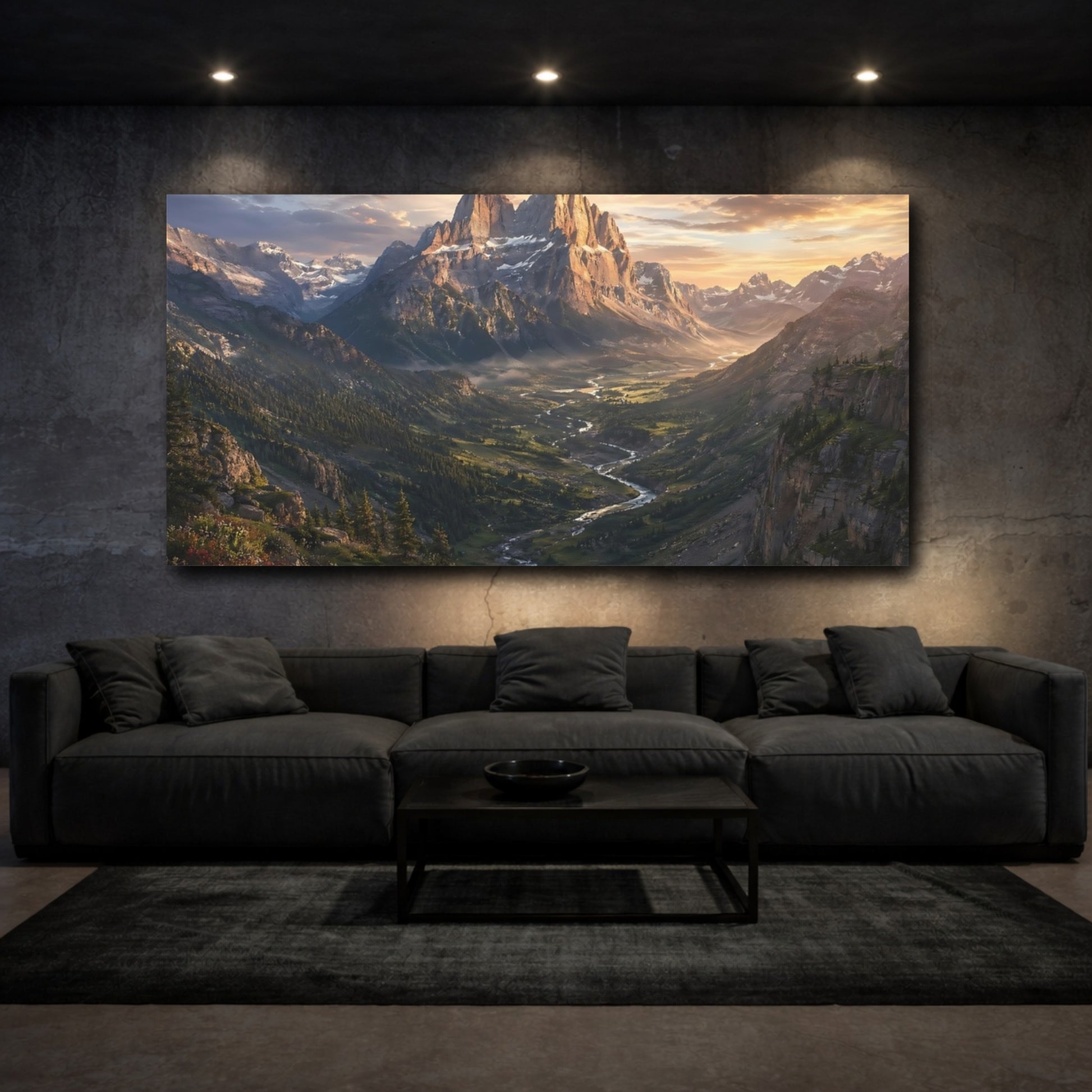 Mockup 2. Nature Mountain Valley Mountain River Sunset shown as stretched canvas wall art