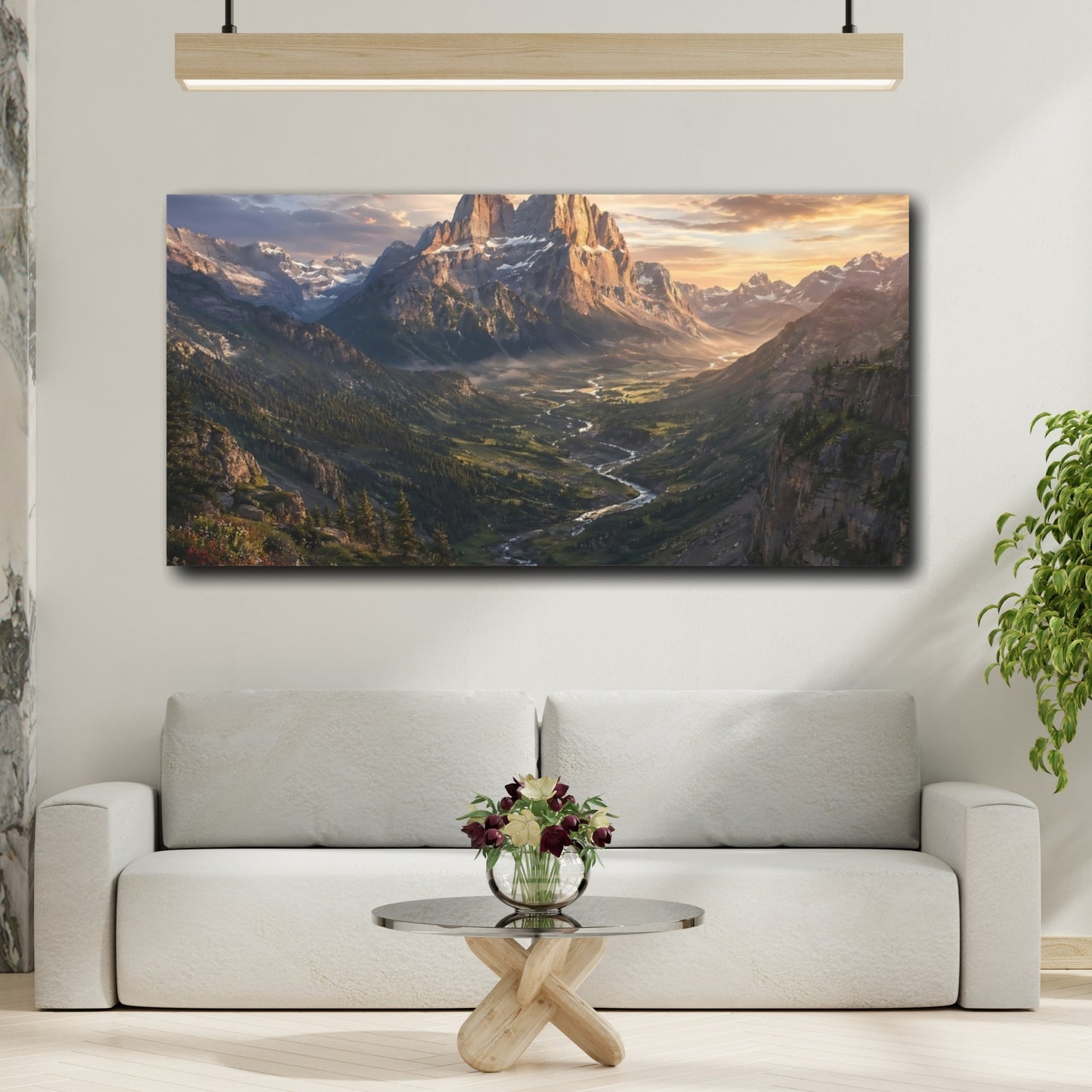 Mockup 3. Nature Mountain Valley Mountain River Sunset shown as stretched canvas wall art