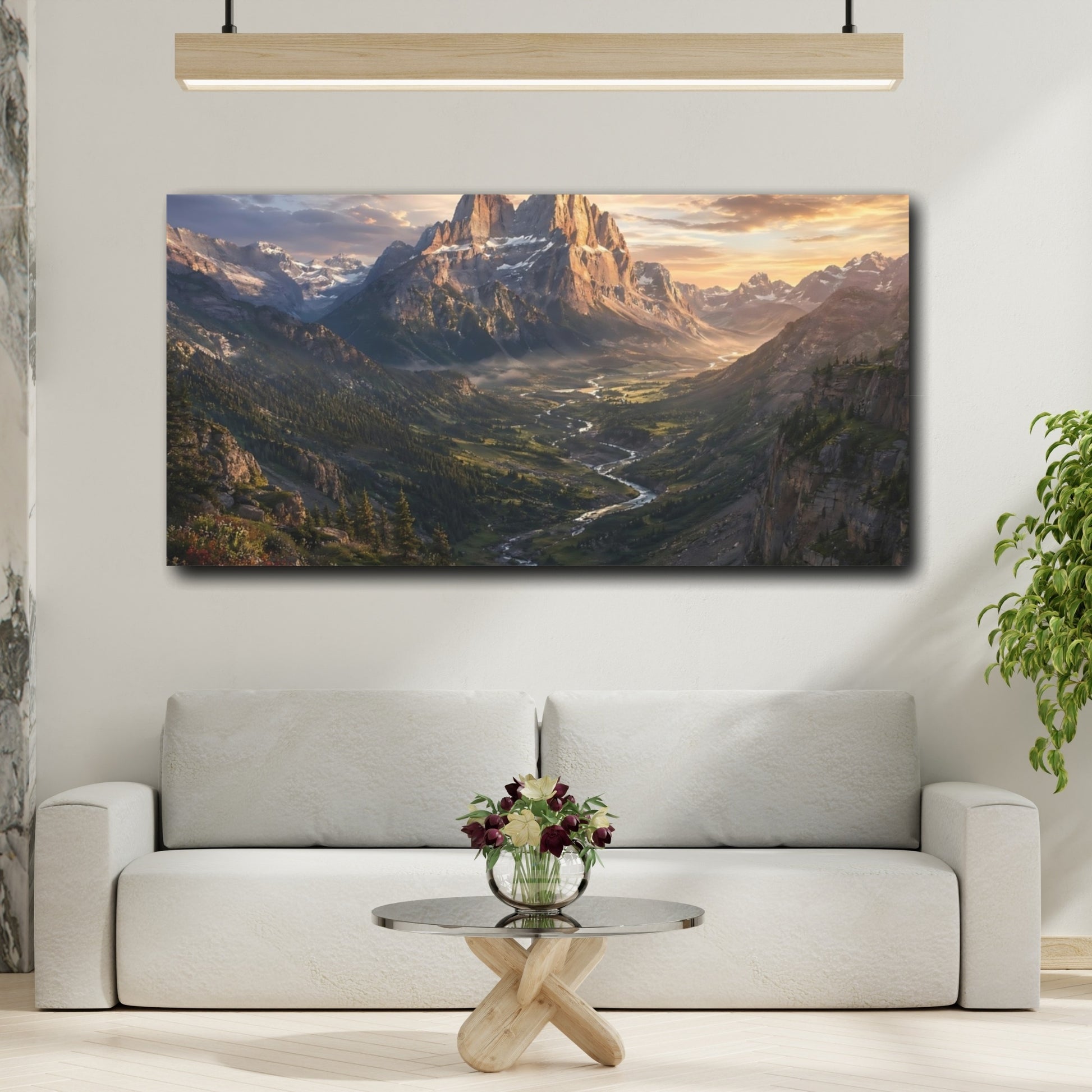 Mockup 3. Nature Mountain Valley Mountain River Sunset shown as stretched canvas wall art