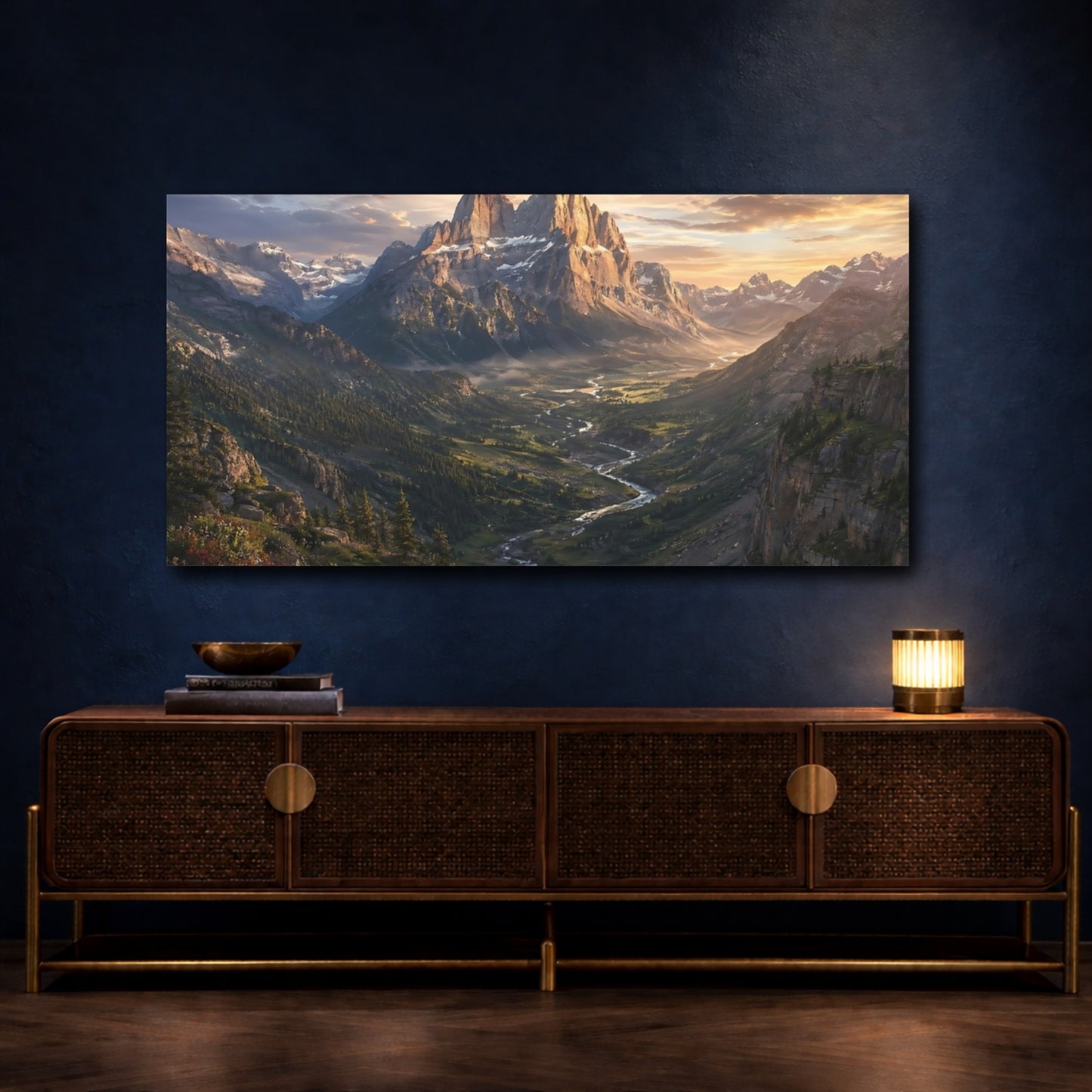 Mockup 4. Nature Mountain Valley Mountain River Sunset shown as stretched canvas wall art