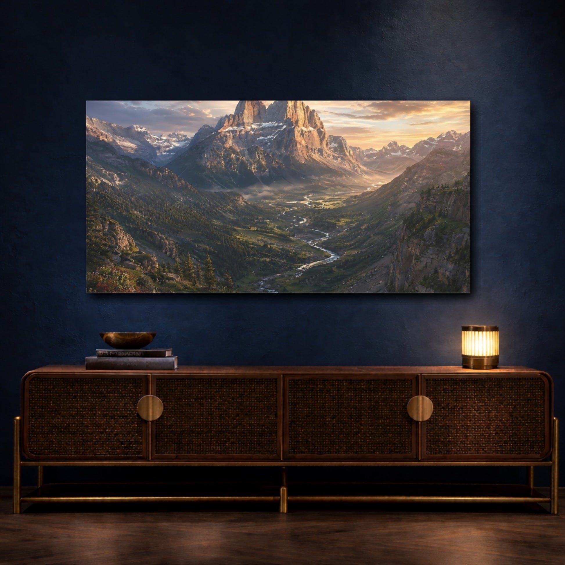 Mockup 4. Nature Mountain Valley Mountain River Sunset shown as stretched canvas wall art