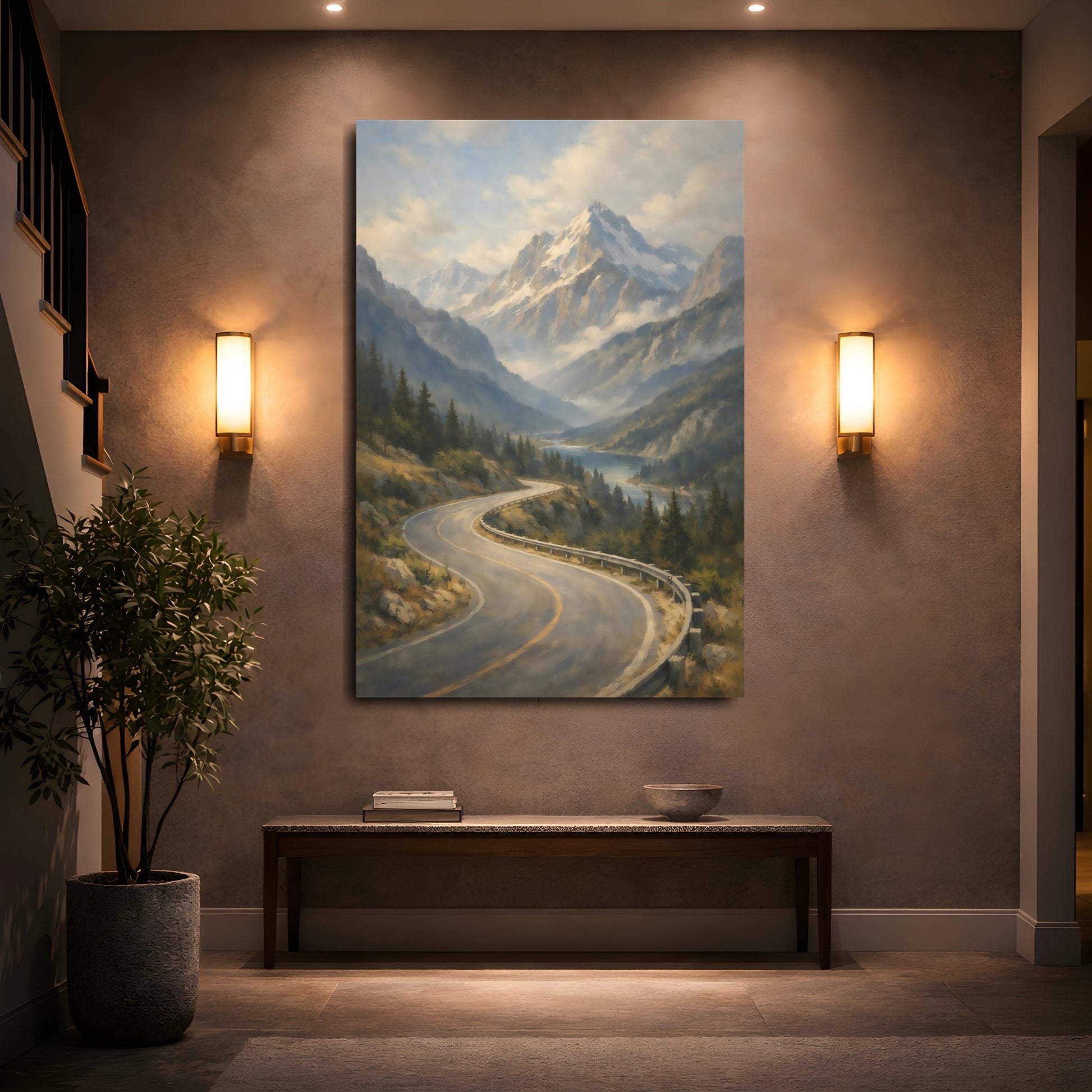 Mockup 4. Nature Mountain Valley Mountain Valley Landscape shown as stretched canvas wall art