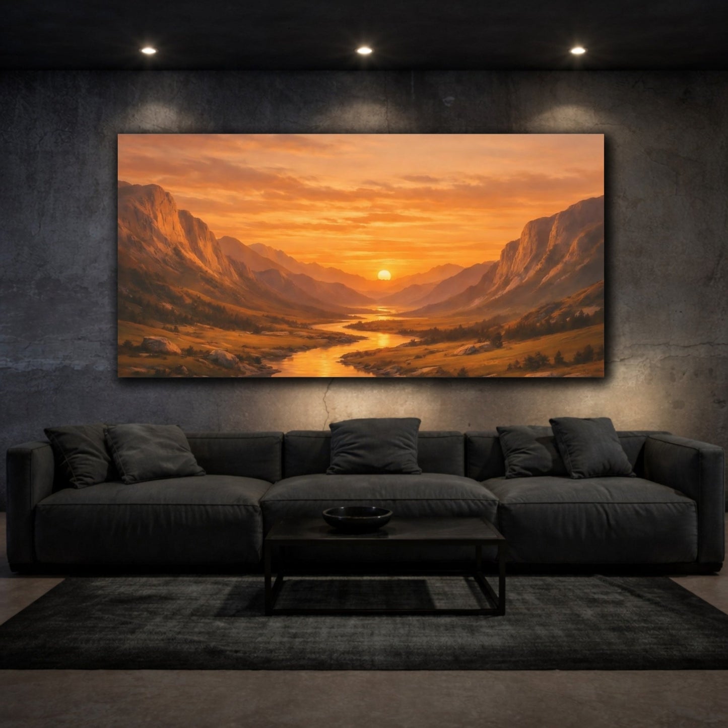 Nature Mountain Valley Orange Sunset Landscape - Canvas Wall Art Print - YesArtYes