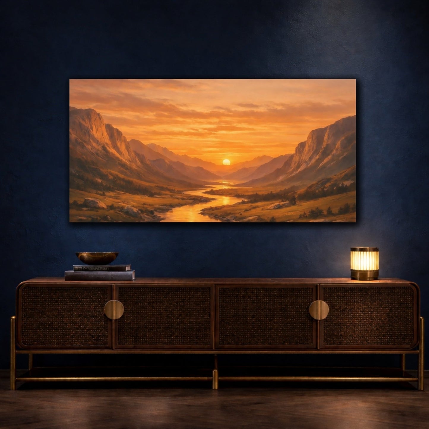 Nature Mountain Valley Orange Sunset Landscape - Canvas Wall Art Print - YesArtYes