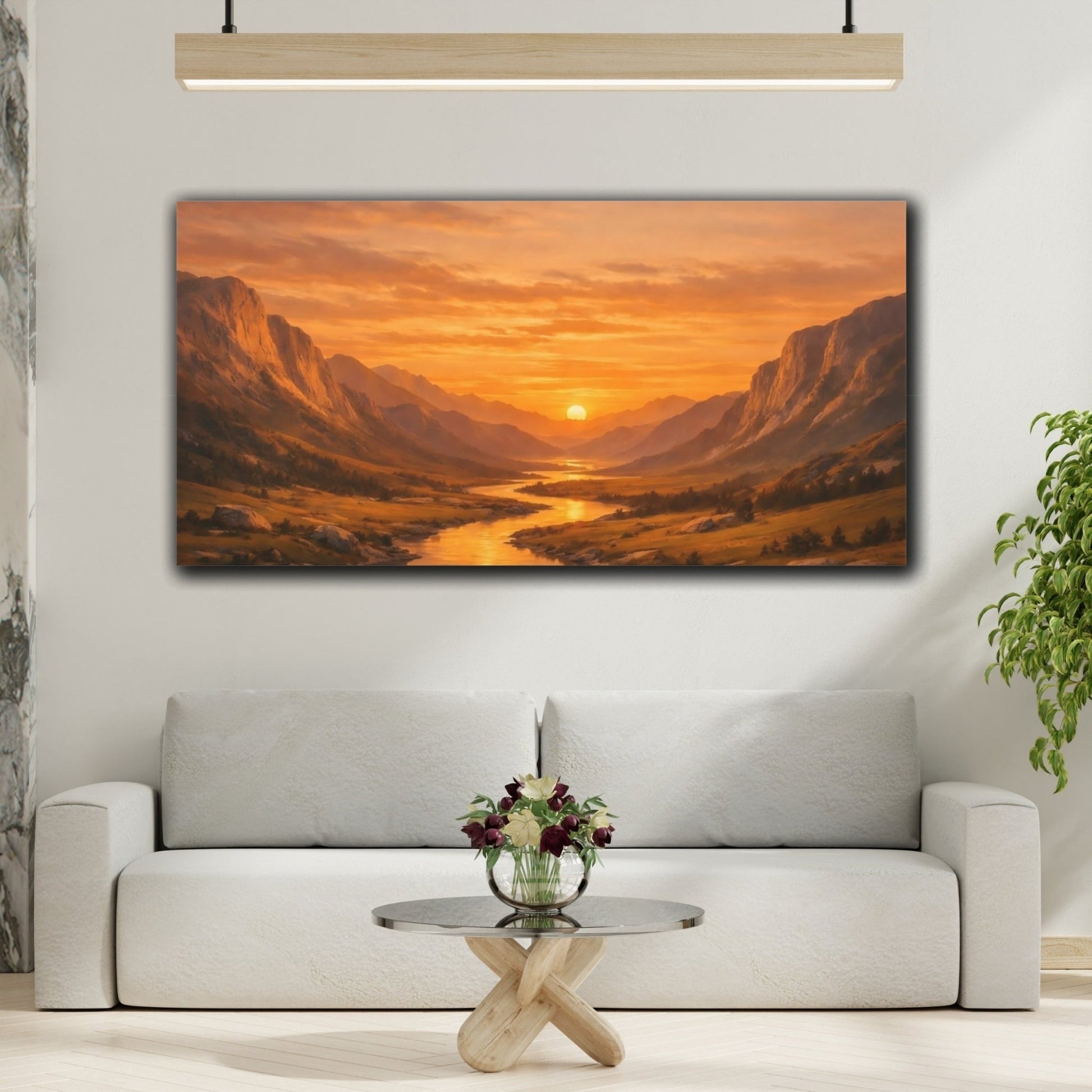 Nature Mountain Valley Orange Sunset Landscape - Canvas Wall Art Print - YesArtYes